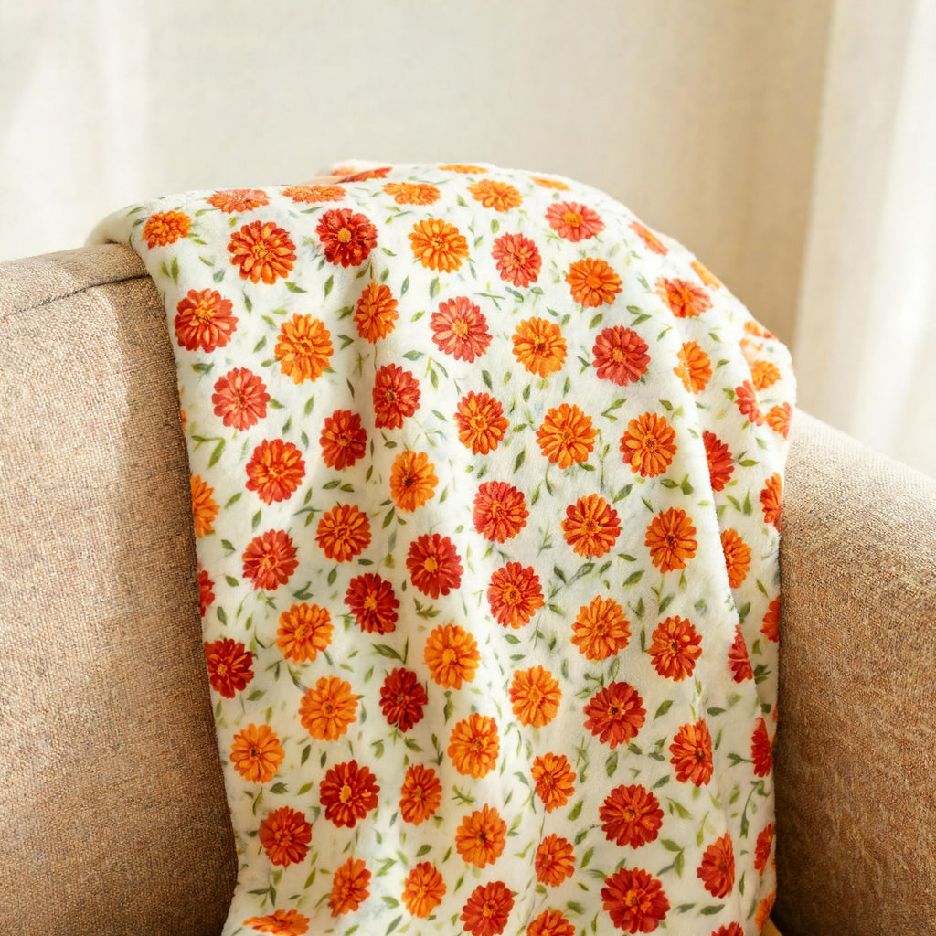 Marigold Toss scattered floral throw blanket, cream velveteen, Gaudy Orange Bloom collection, 50x60 inch - view 2