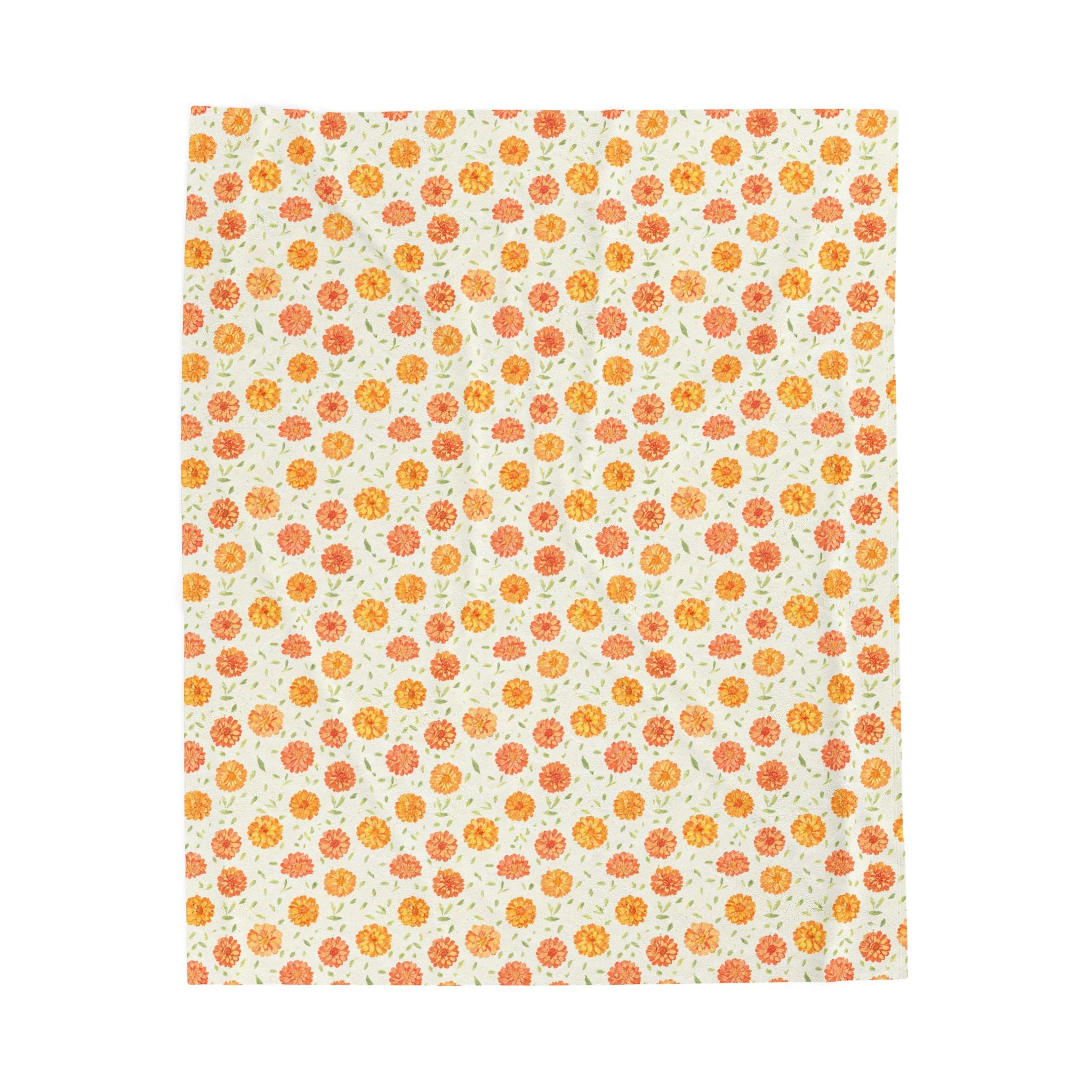 Marigold Toss scattered floral throw blanket, cream velveteen, Gaudy Orange Bloom collection, 50x60 inch - view 1