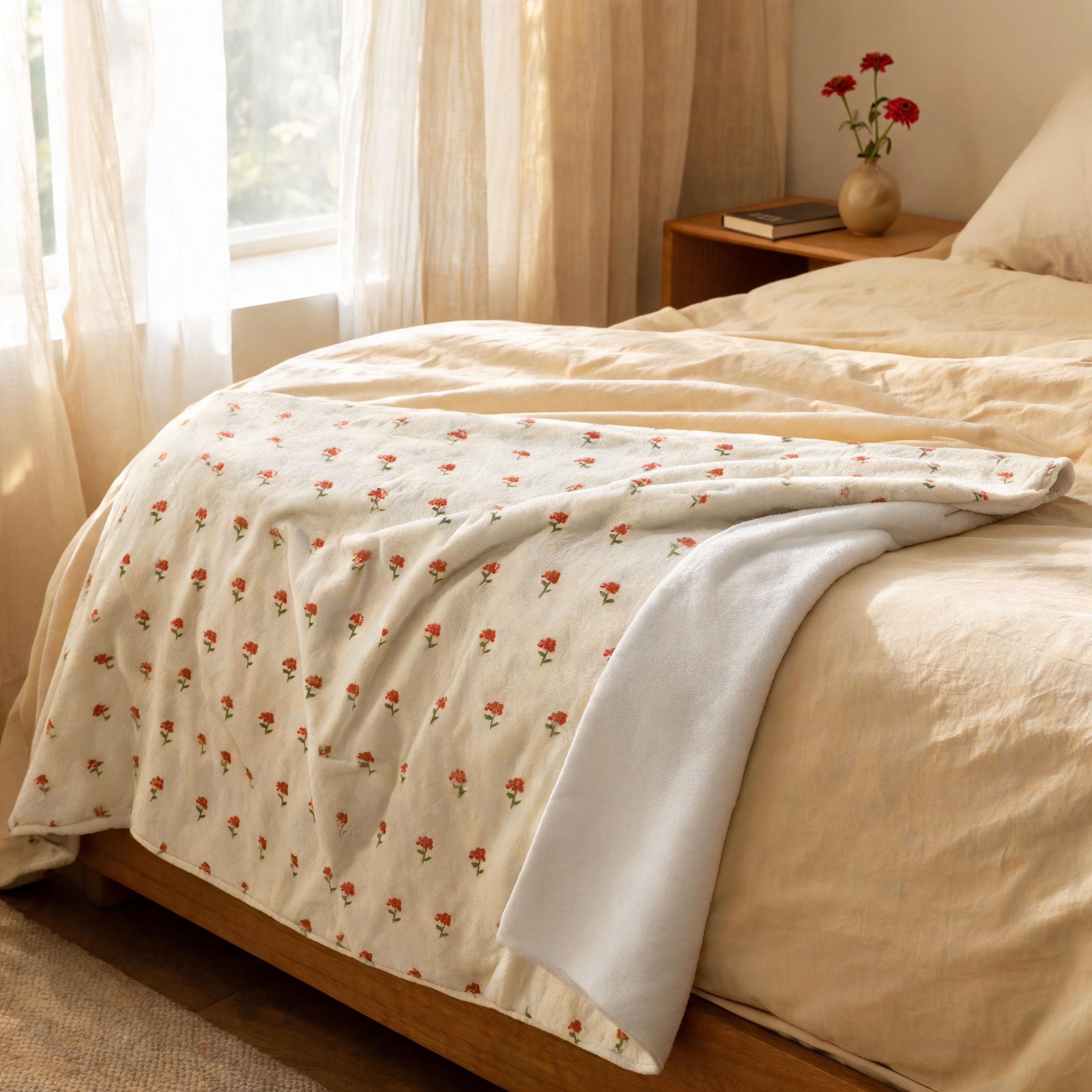 Zinnia Sprigs throw blanket, cream velveteen, Gaudy Orange Bloom collection, 50x60 inch - view 2