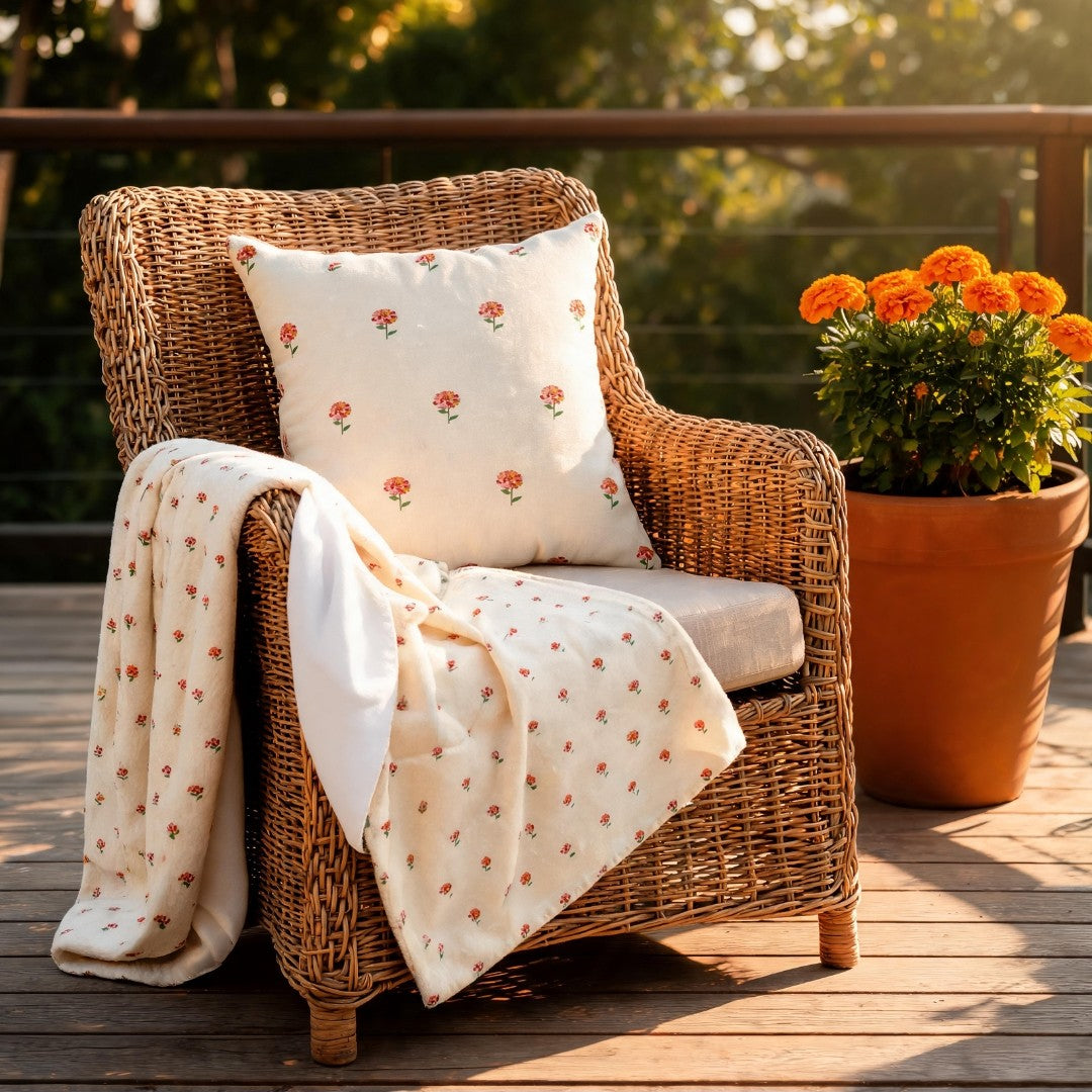 Zinnia Sprigs throw blanket, cream velveteen, Gaudy Orange Bloom collection, 50x60 inch - view 3
