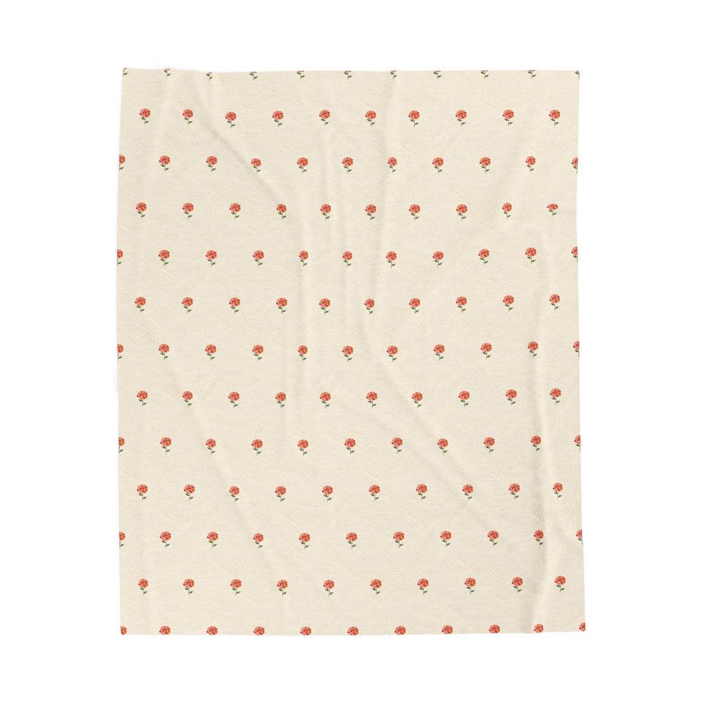 Zinnia Sprigs throw blanket, cream velveteen, Gaudy Orange Bloom collection, 50x60 inch - view 1
