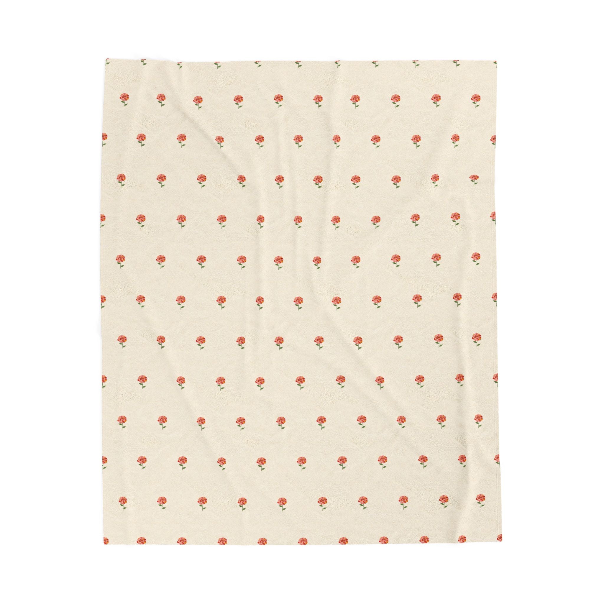 Zinnia Sprigs throw blanket, cream velveteen, Gaudy Orange Bloom collection, 50x60 inch - view 1