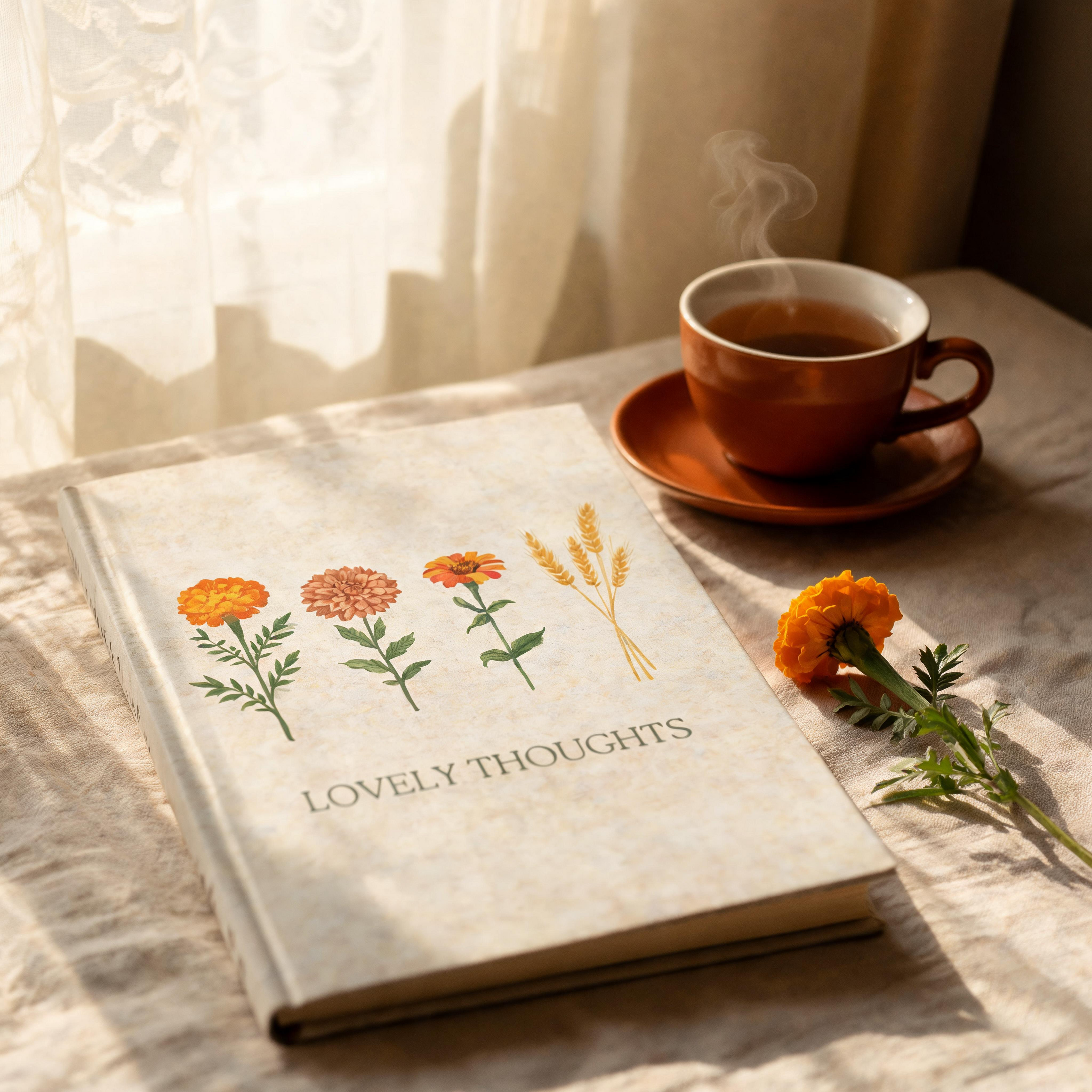 Lovely Thoughts hardcover journal, botanical marigold dahlia zinnia illustration, Gaudy Orange Bloom collection - view 5