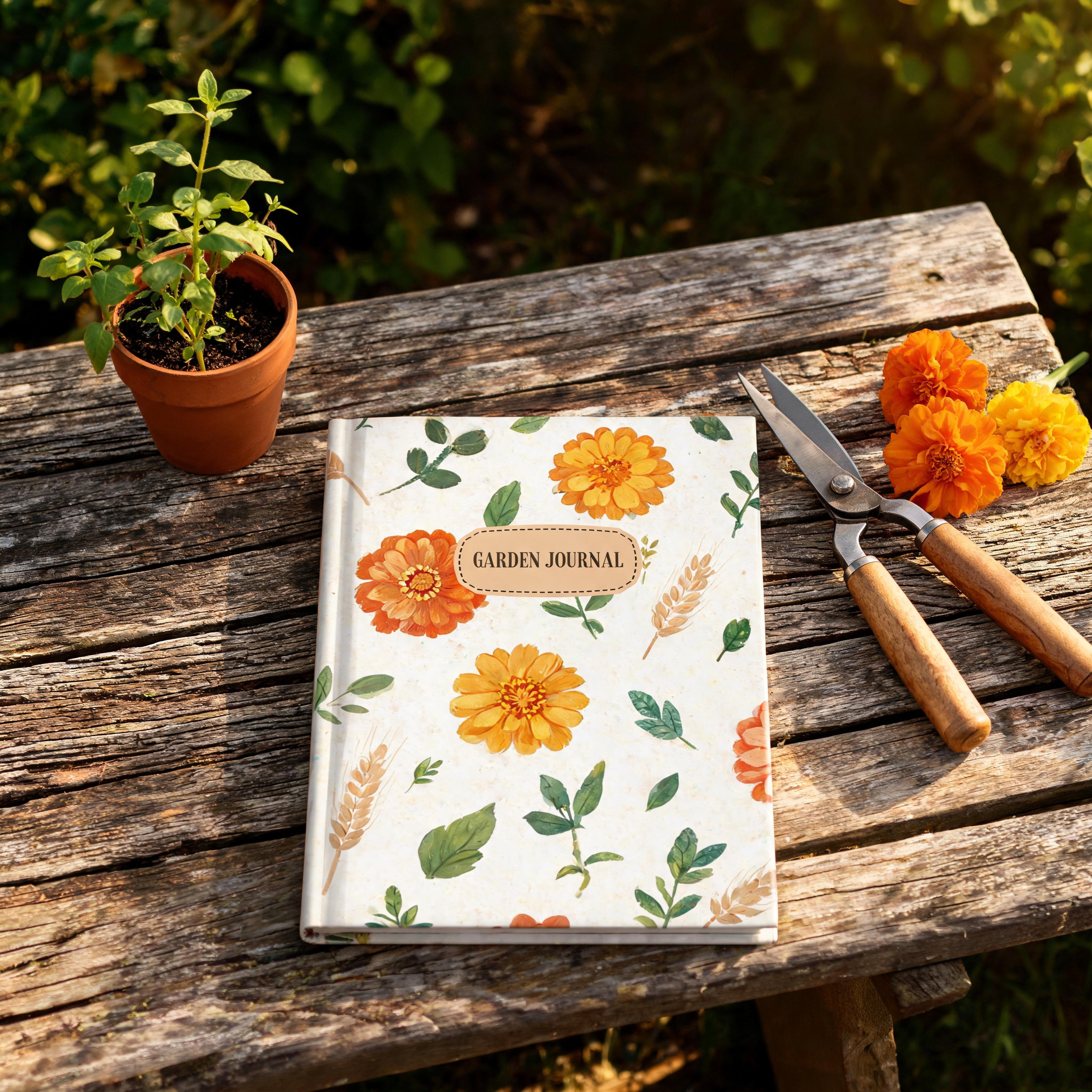 Meadow Toss garden hardcover journal, marigold and wheat pattern cover, Gaudy Orange Bloom collection - view 5