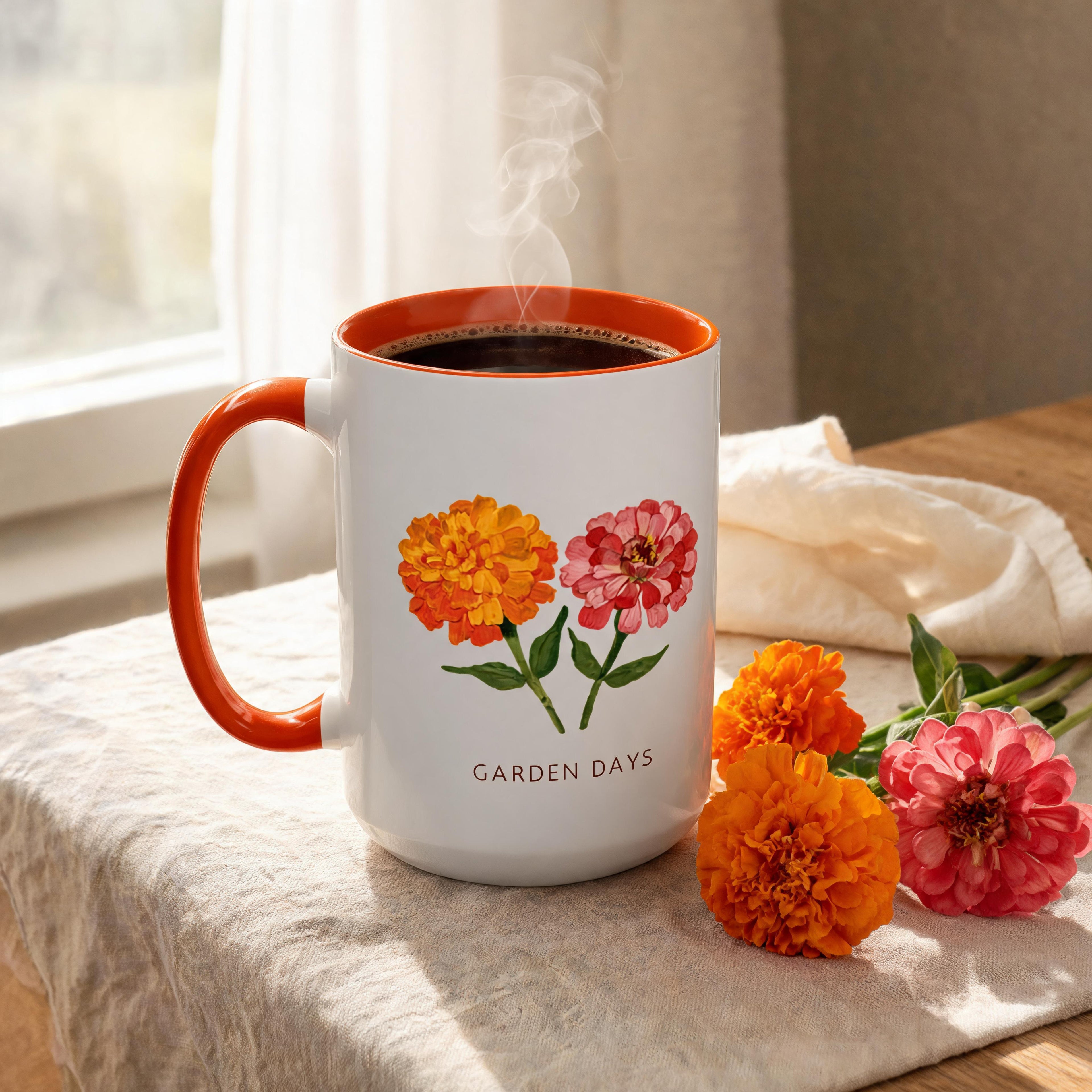 Garden Days marigold and zinnia coffee mug, orange accent handle, Gaudy Orange Bloom collection, 15oz - view 4