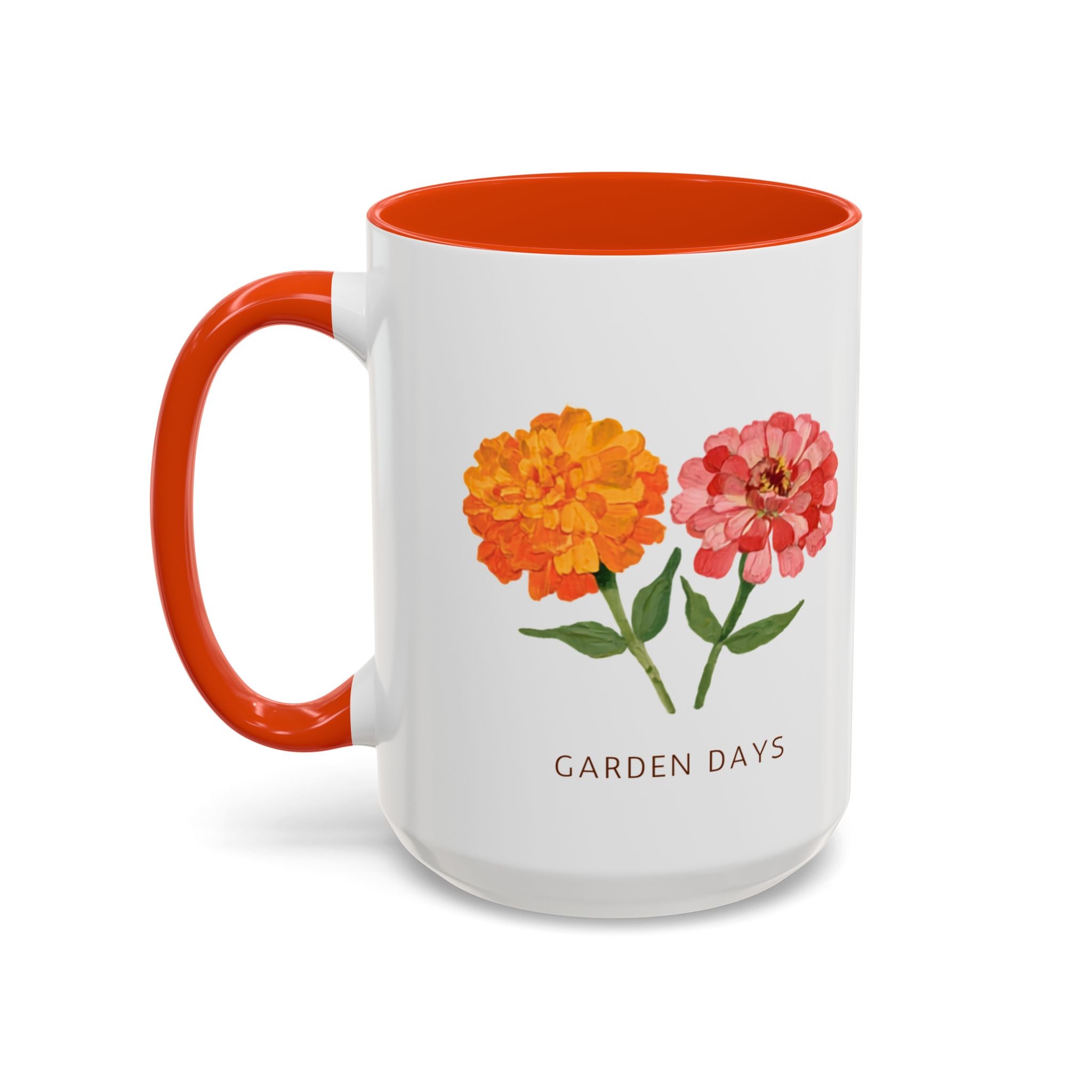 Garden Days marigold and zinnia coffee mug, orange accent handle, Gaudy Orange Bloom collection, 15oz - view 1