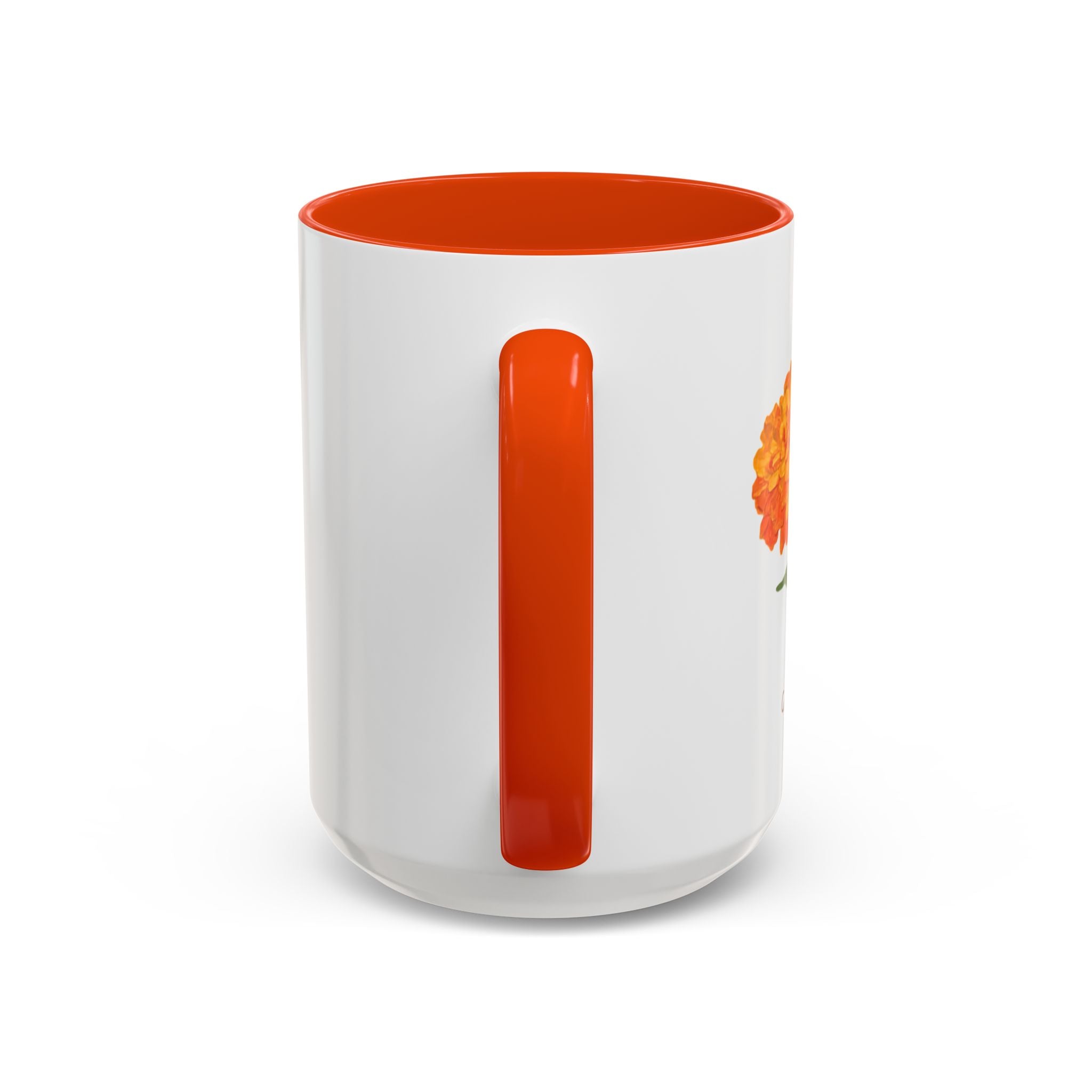 Garden Days marigold and zinnia coffee mug, orange accent handle, Gaudy Orange Bloom collection, 15oz - view 3