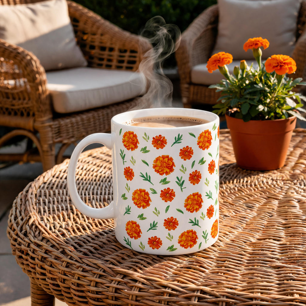 Marigold Toss scattered floral pattern coffee mug, orange accent handle, Gaudy Orange Bloom collection, 11oz - view 4
