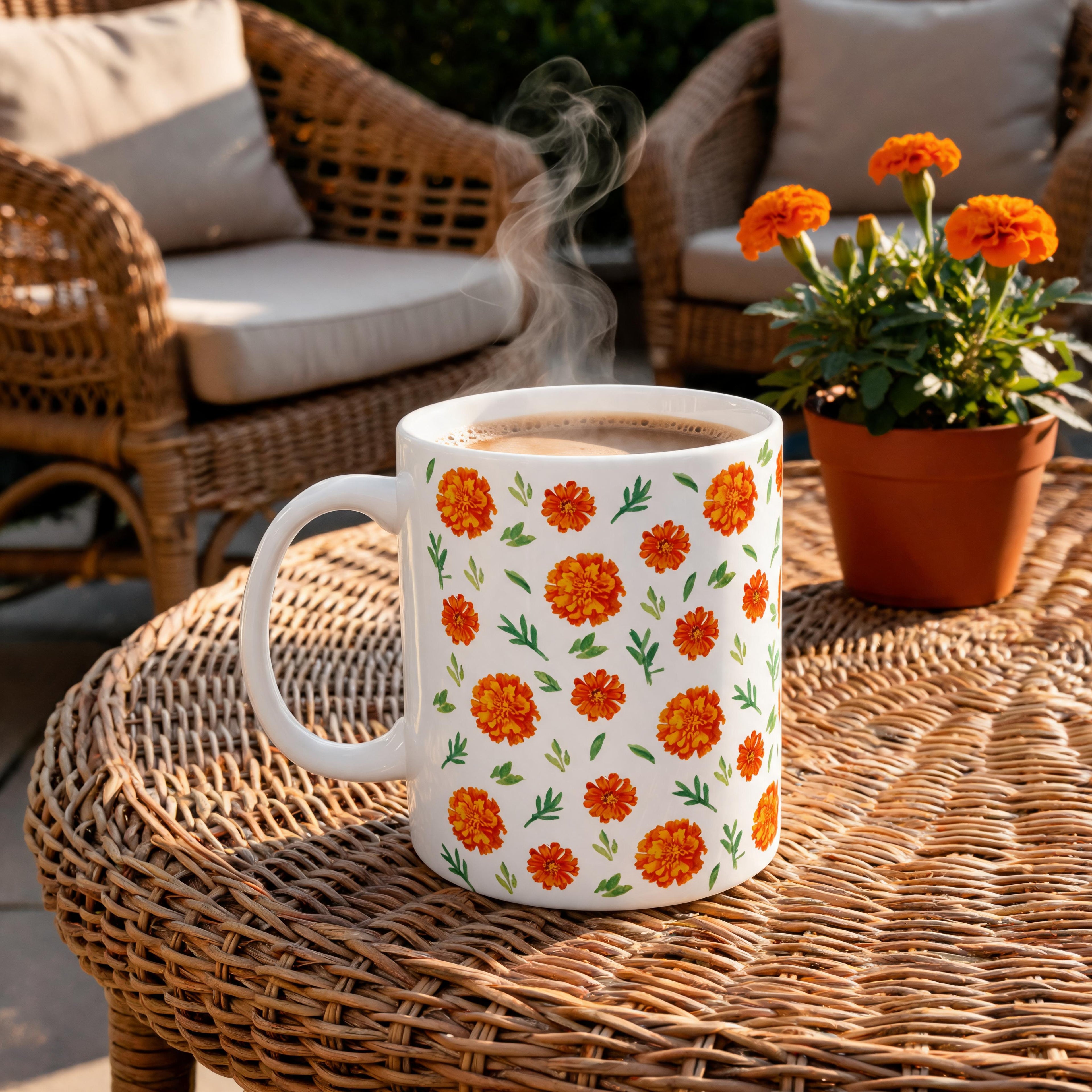 Marigold Toss scattered floral pattern coffee mug, orange accent handle, Gaudy Orange Bloom collection, 11oz - view 4