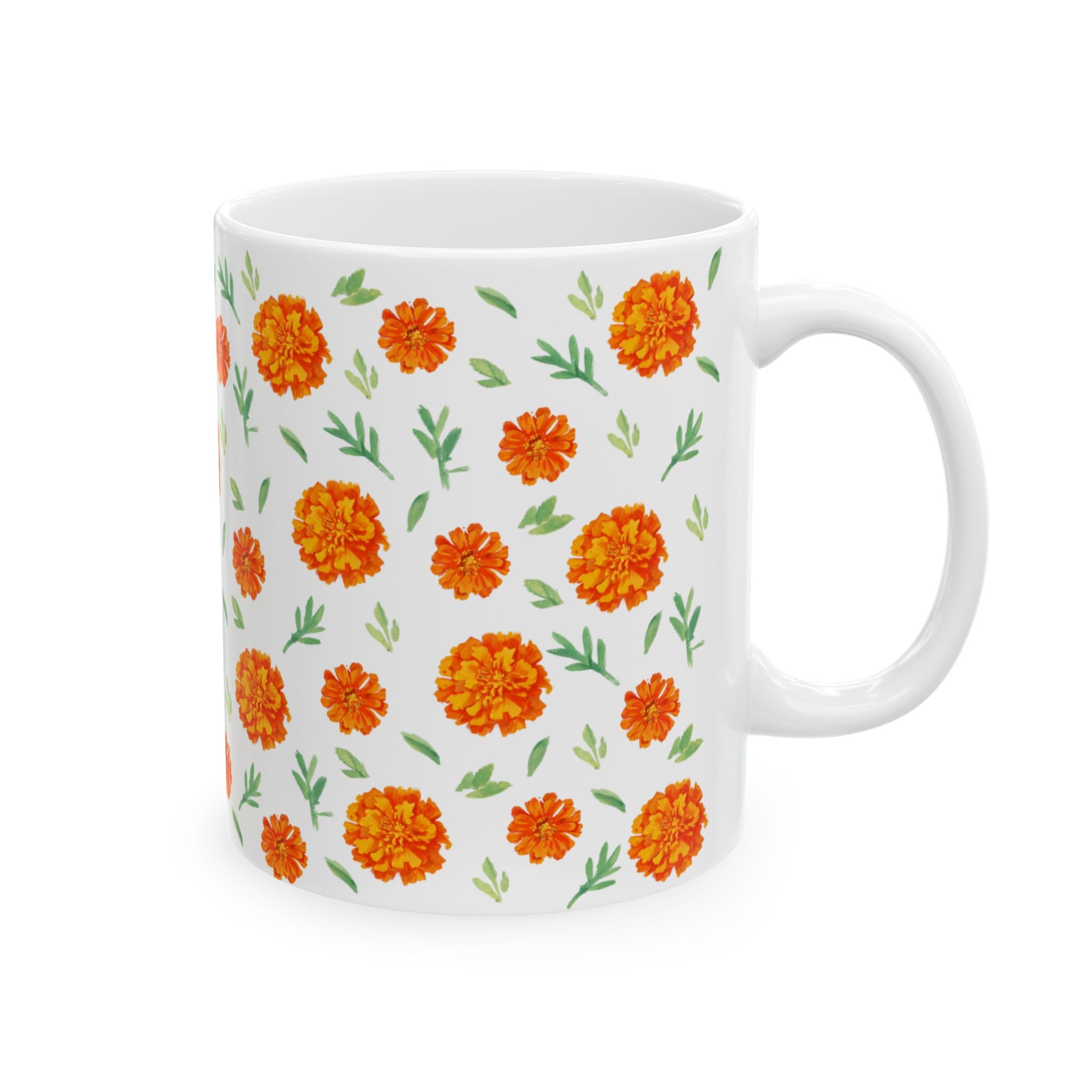 Marigold Toss scattered floral pattern coffee mug, orange accent handle, Gaudy Orange Bloom collection, 11oz - view 3