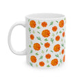 Marigold Toss scattered floral pattern coffee mug, orange accent handle, Gaudy Orange Bloom collection, 11oz - view 1