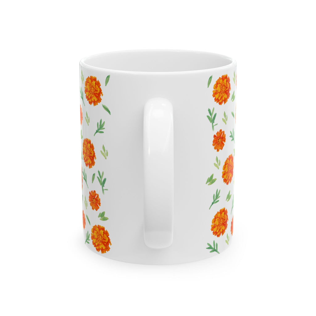 Marigold Toss scattered floral pattern coffee mug, orange accent handle, Gaudy Orange Bloom collection, 11oz - view 2