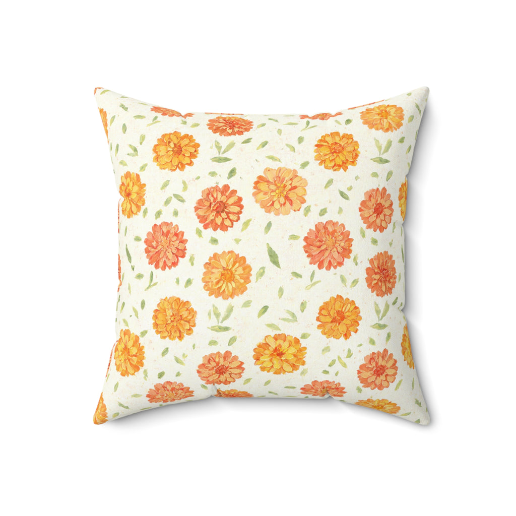 Marigold Toss scattered floral throw pillow cover, cream fabric, Gaudy Orange Bloom collection, 18x18 inch - view 2