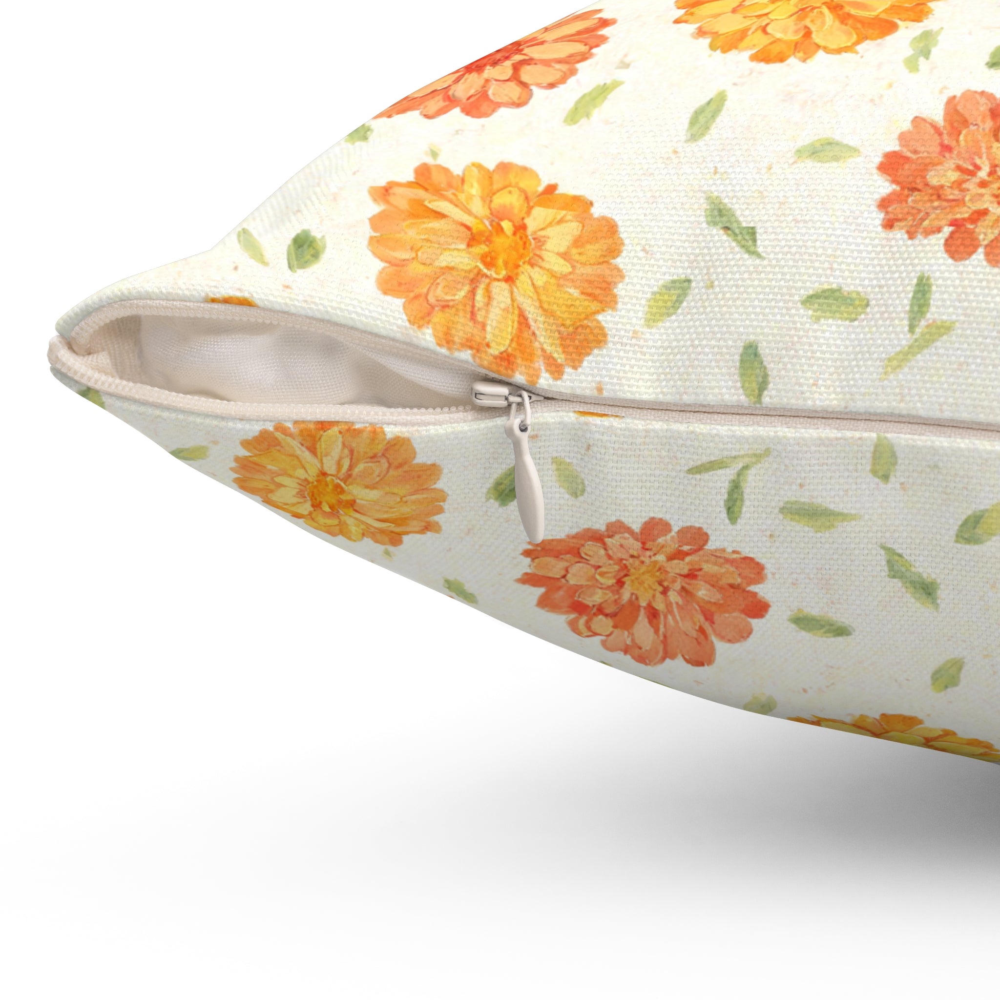 Marigold Toss scattered floral throw pillow cover, cream fabric, Gaudy Orange Bloom collection, 18x18 inch - view 3