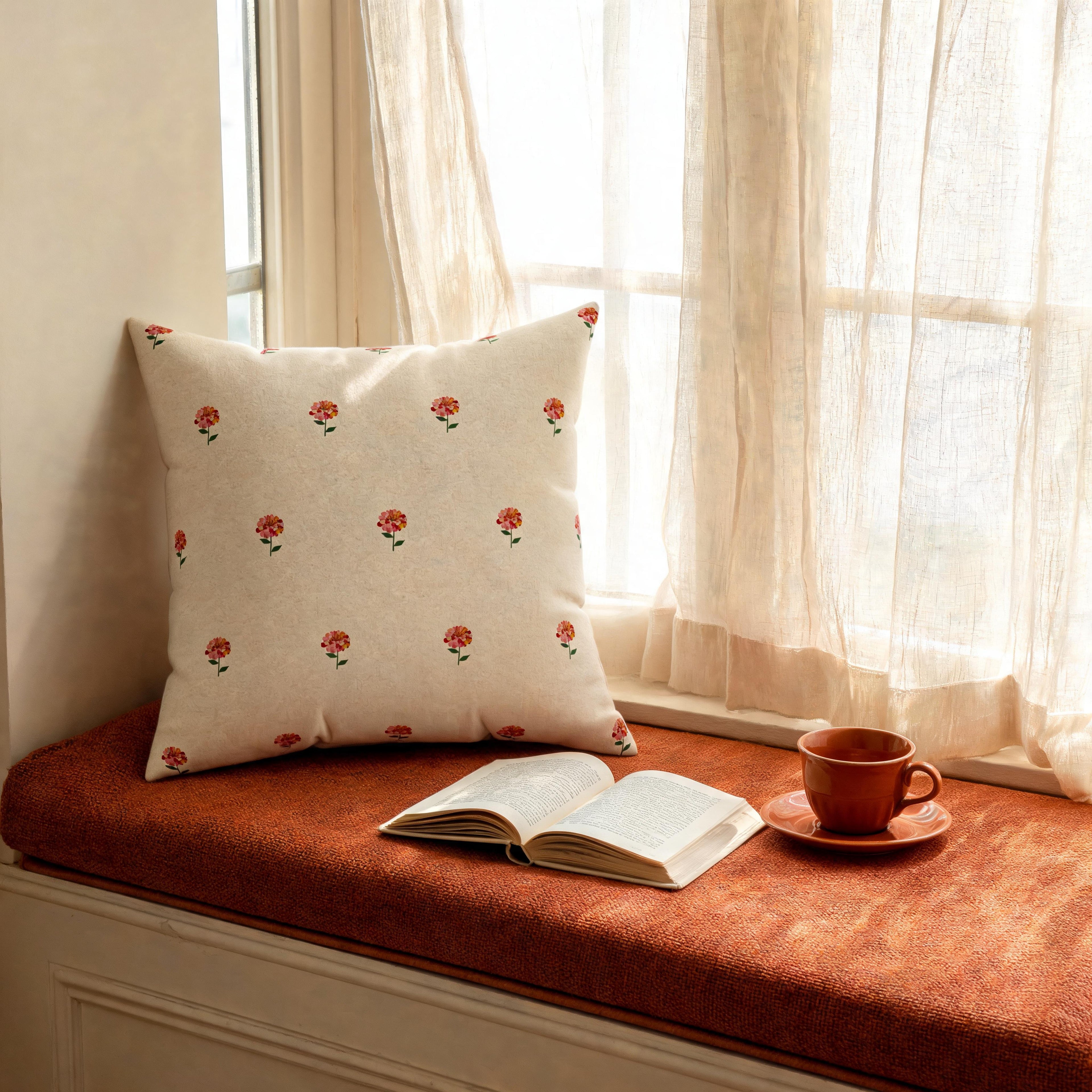 Zinnia Sprigs throw pillow cover, cream fabric, Gaudy Orange Bloom collection, 18x18 inch - view 4