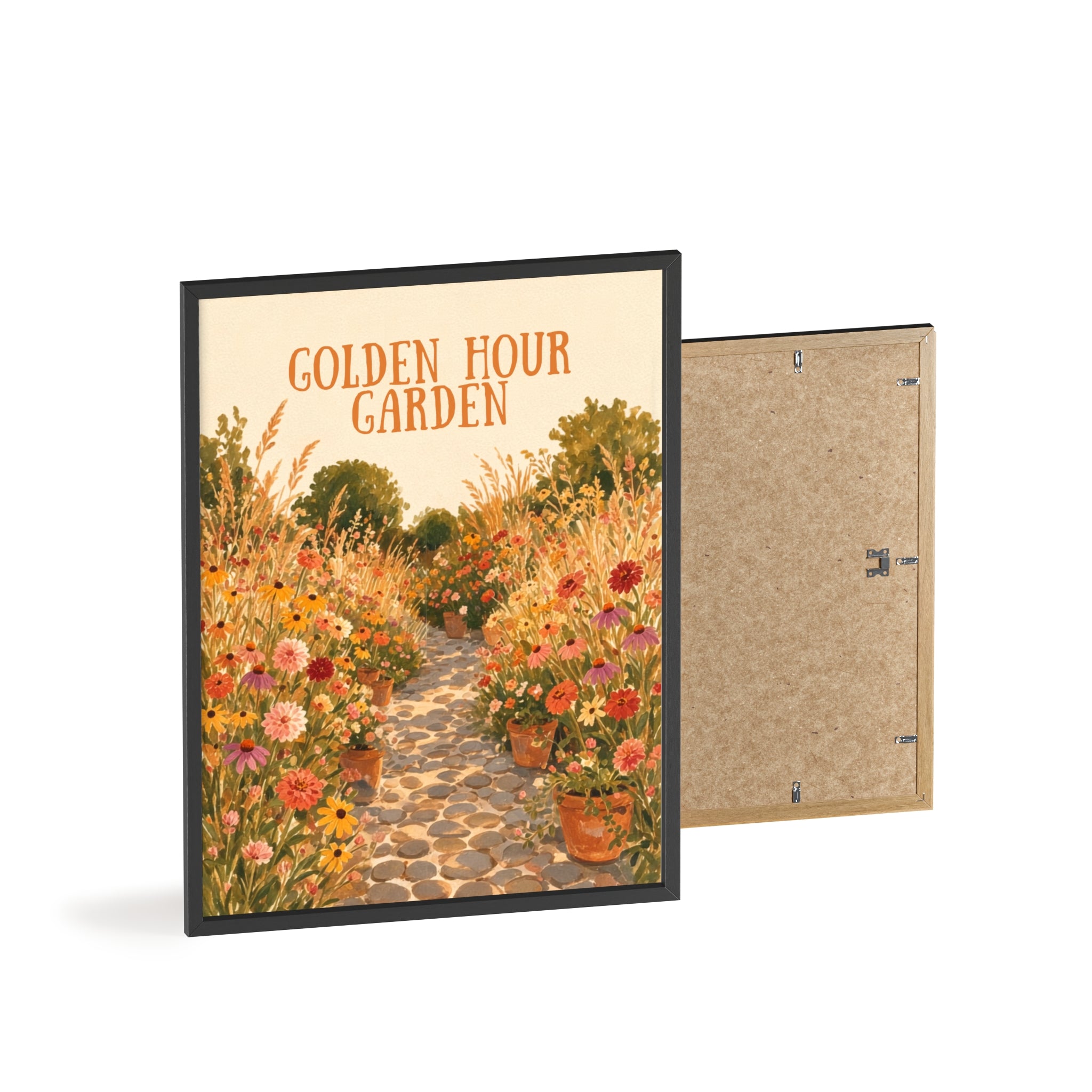 Golden Hour Garden framed art print, black frame, sun-drenched garden path illustration, Gaudy Orange Bloom collection - view 4