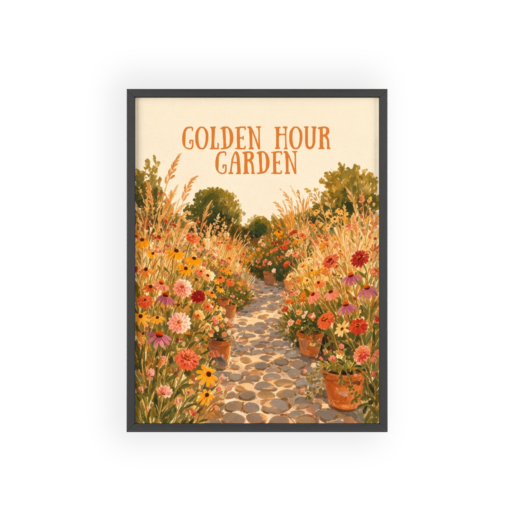Golden Hour Garden framed art print, black frame, sun-drenched garden path illustration, Gaudy Orange Bloom collection - view 1