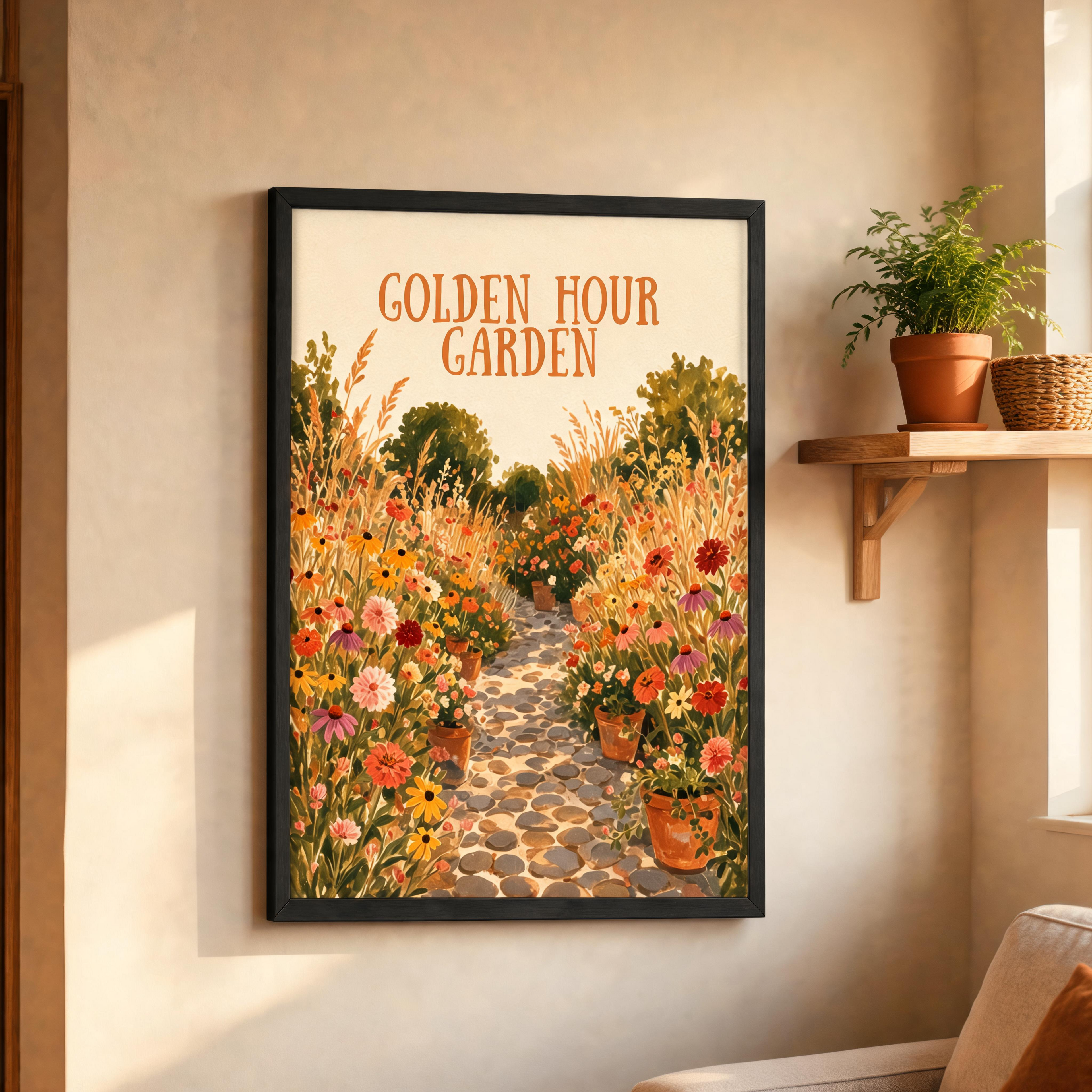 Golden Hour Garden framed art print, black frame, sun-drenched garden path illustration, Gaudy Orange Bloom collection - view 5