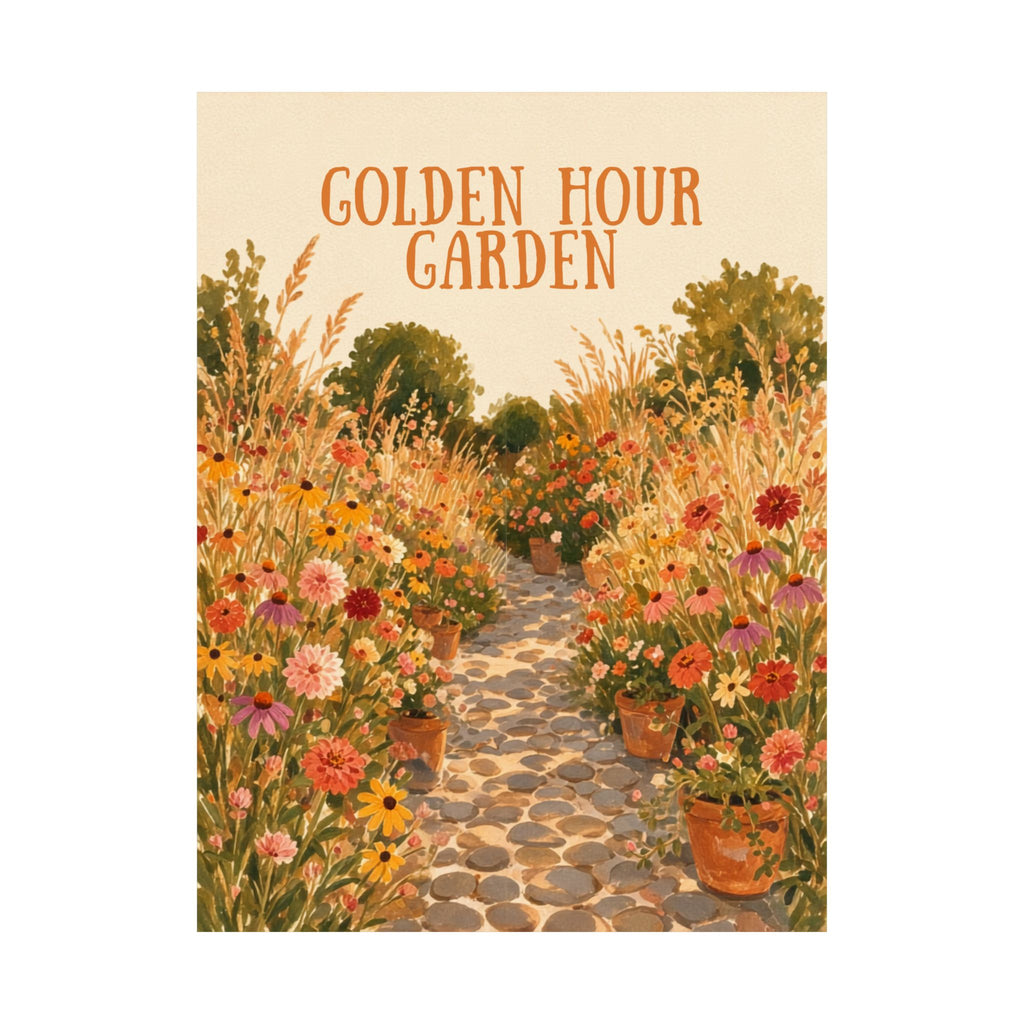 Golden Hour Garden unframed art print, sun-drenched garden path illustration, Gaudy Orange Bloom collection - view 2