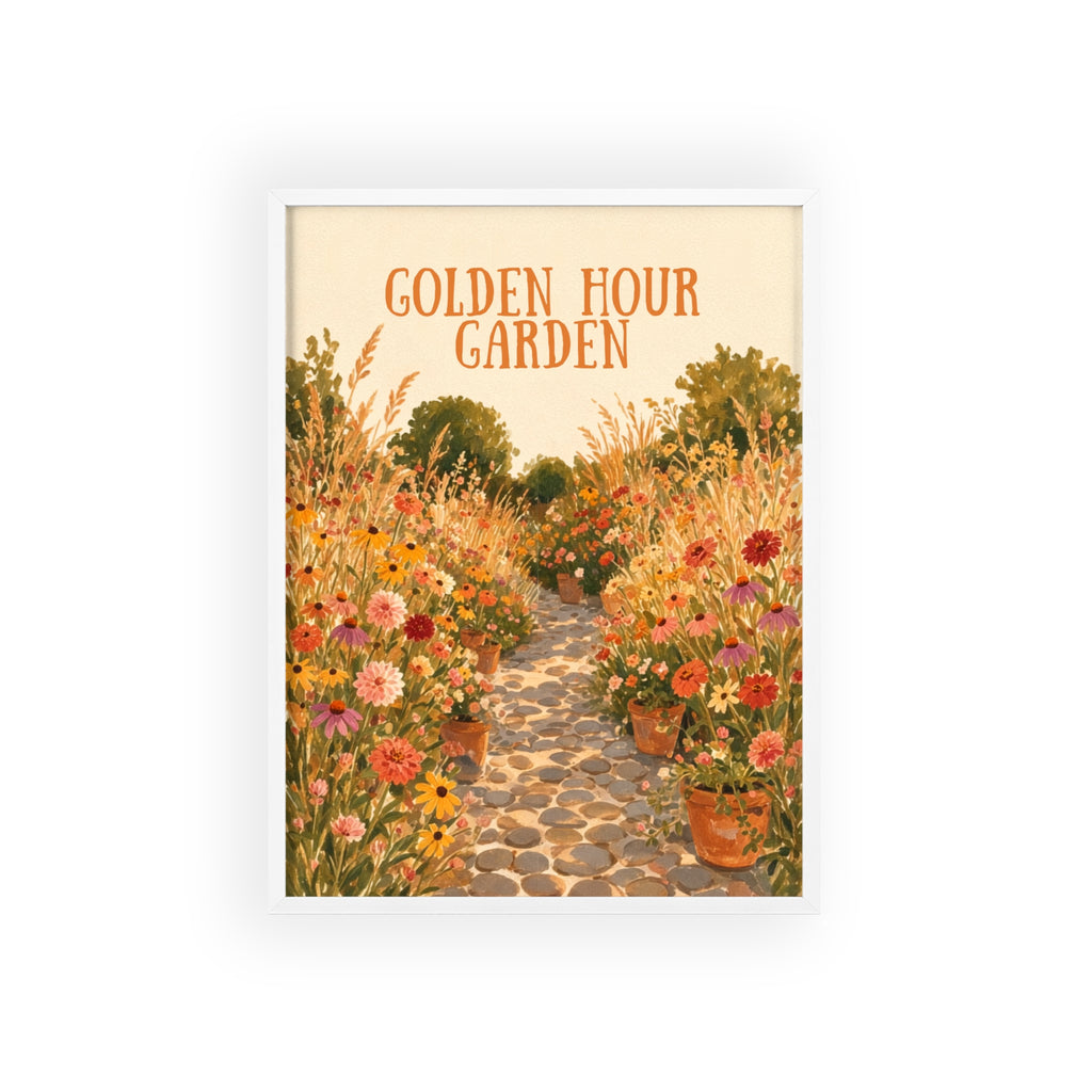 Golden Hour Garden framed art print, black frame, sun-drenched garden path illustration, Gaudy Orange Bloom collection - view 3