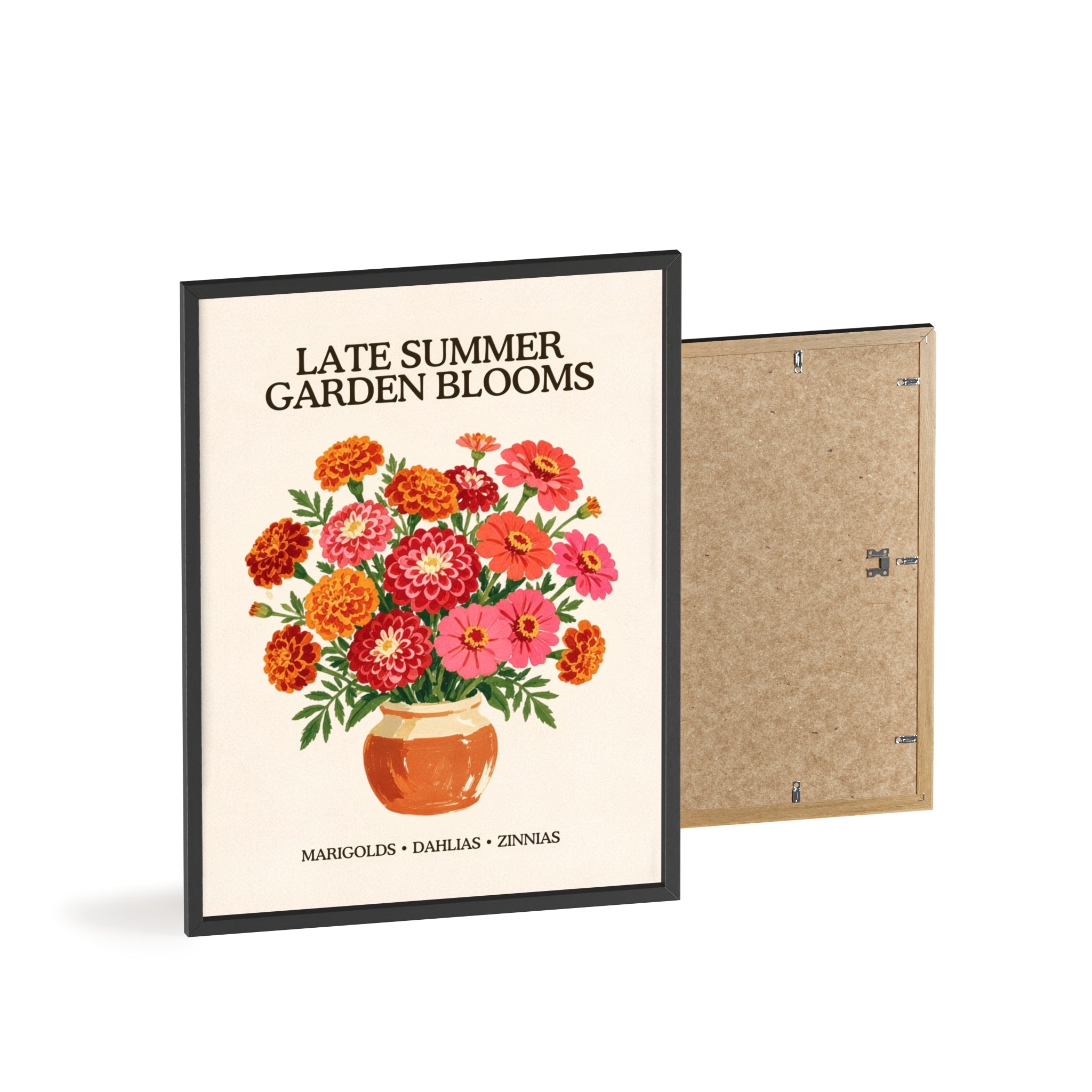 Late Summer Garden Blooms framed art print, black frame, marigold and zinnia bouquet illustration, Gaudy Orange Bloom collection - view 4