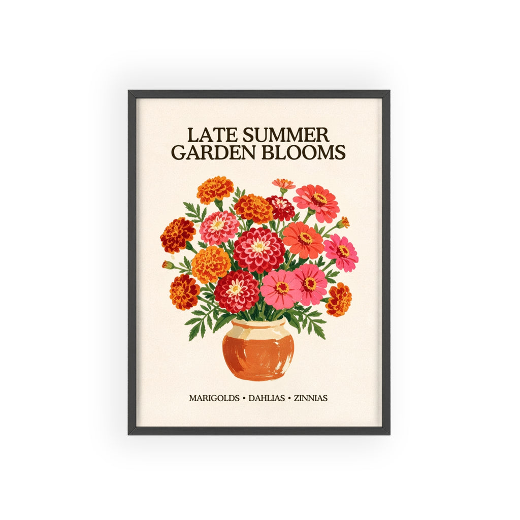Late Summer Garden Blooms framed art print, black frame, marigold and zinnia bouquet illustration, Gaudy Orange Bloom collection - view 1