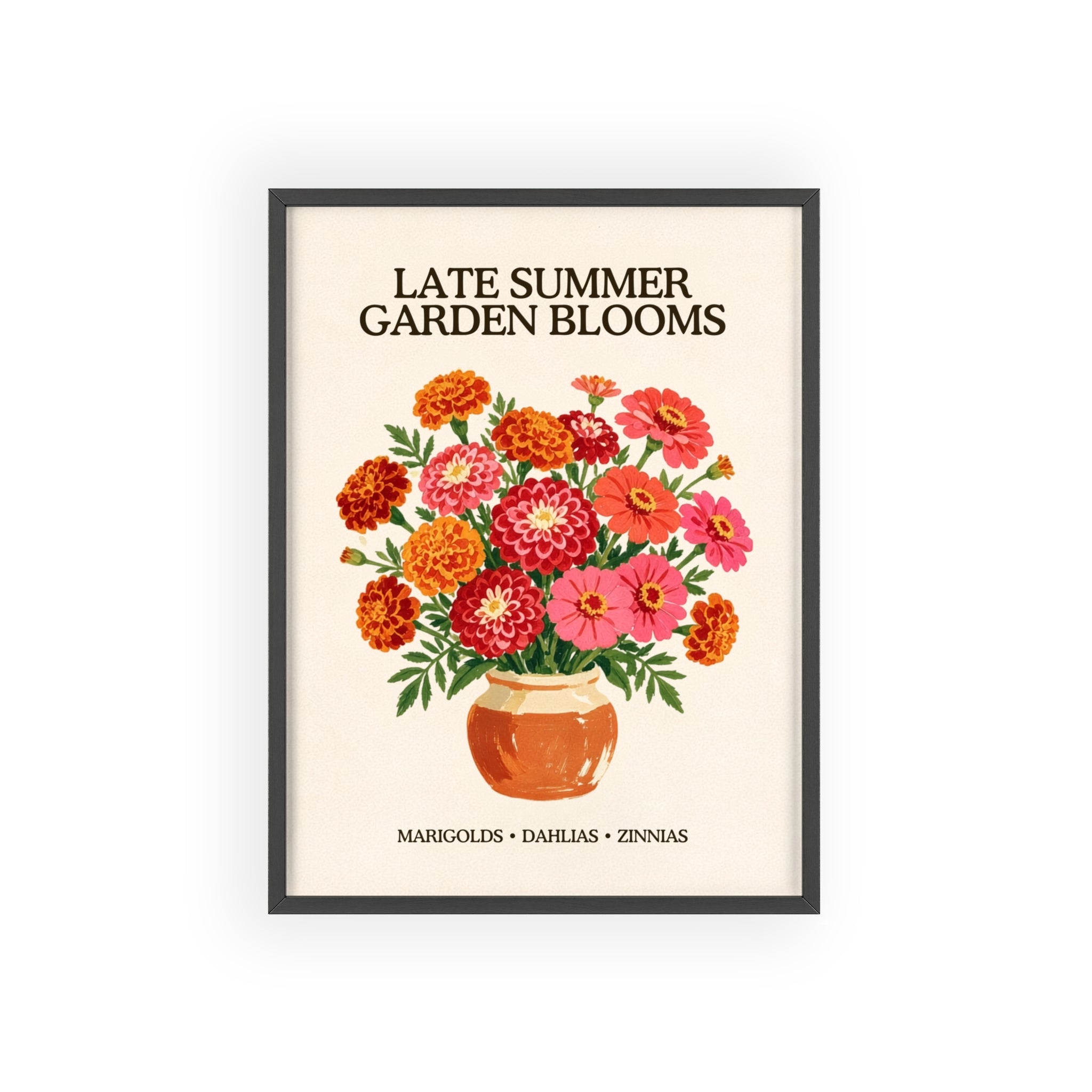 Late Summer Garden Blooms framed art print, black frame, marigold and zinnia bouquet illustration, Gaudy Orange Bloom collection - view 1