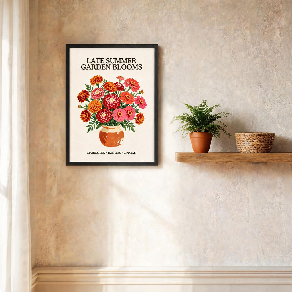 Late Summer Garden Blooms framed art print, black frame, marigold and zinnia bouquet illustration, Gaudy Orange Bloom collection - view 5