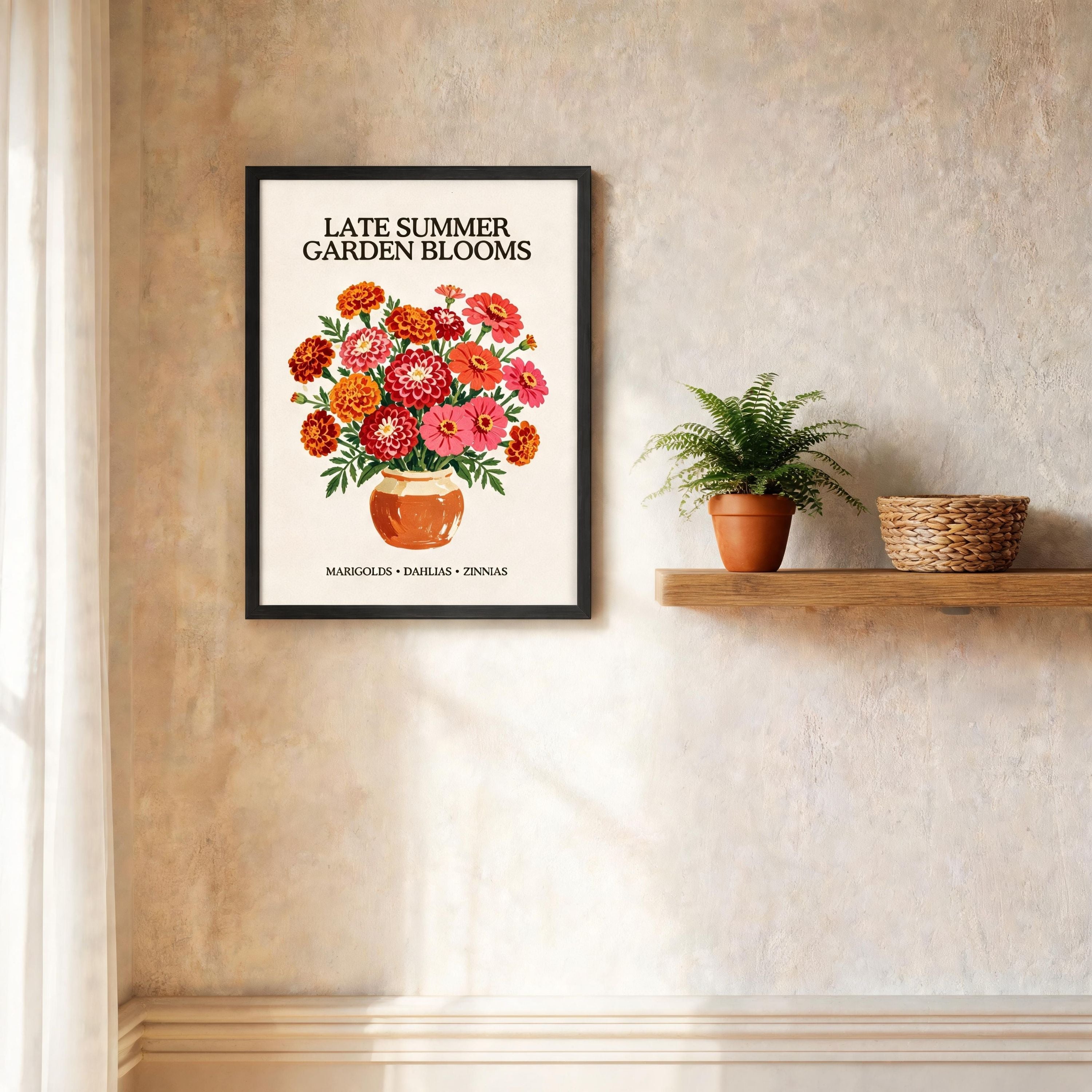 Late Summer Garden Blooms framed art print, black frame, marigold and zinnia bouquet illustration, Gaudy Orange Bloom collection - view 5