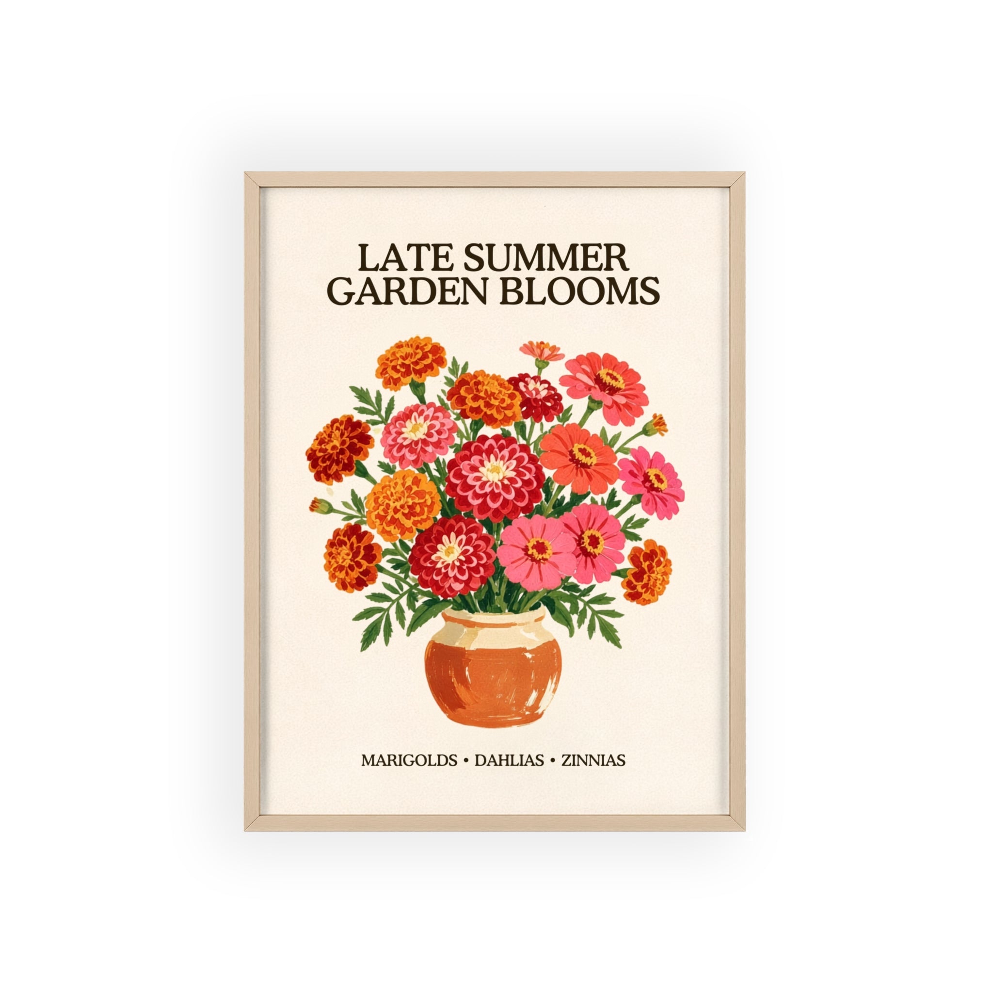 Late Summer Garden Blooms framed art print, black frame, marigold and zinnia bouquet illustration, Gaudy Orange Bloom collection - view 2