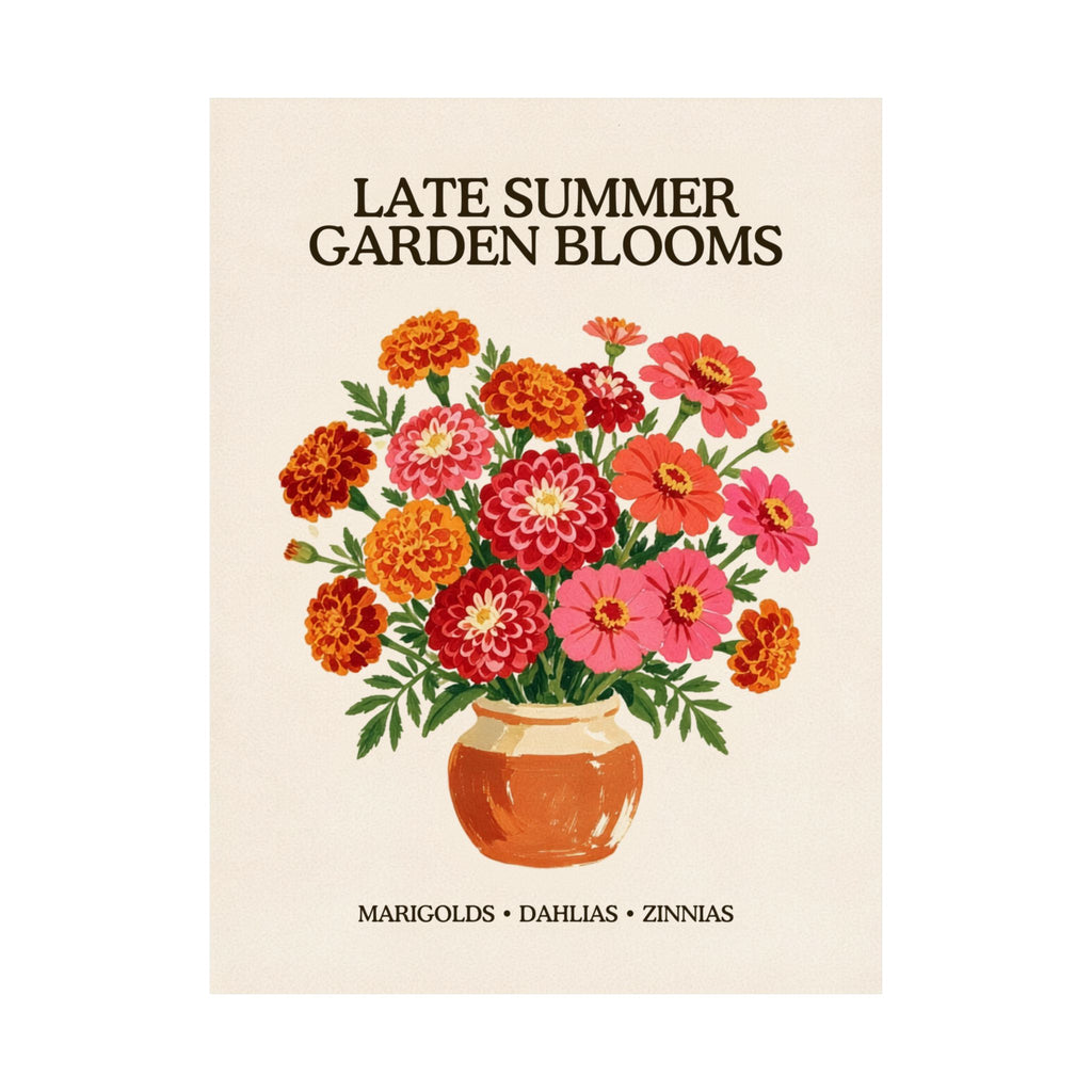 Late Summer Garden Blooms unframed art print, marigold and zinnia bouquet illustration, Gaudy Orange Bloom collection - view 2