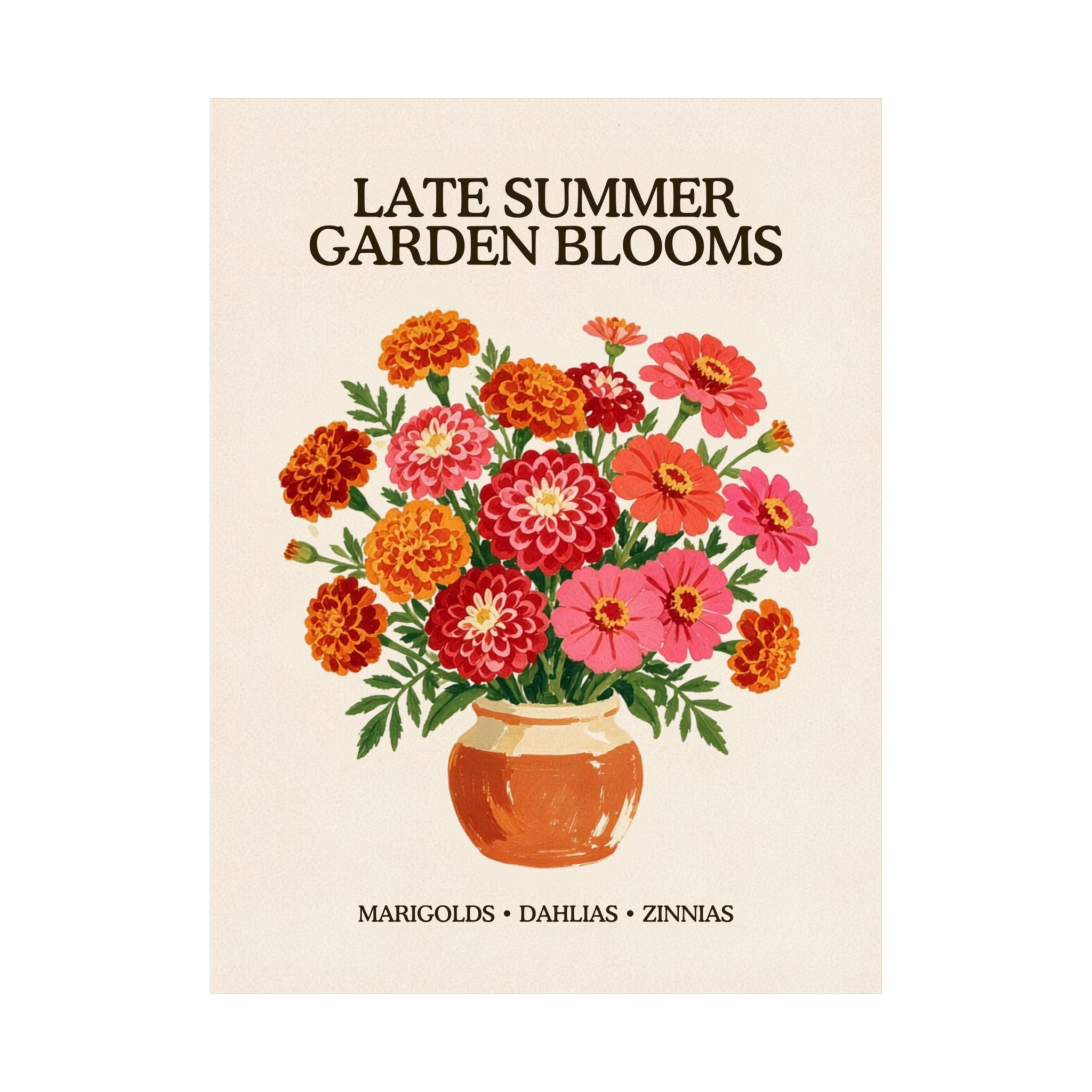 Late Summer Garden Blooms unframed art print, marigold and zinnia bouquet illustration, Gaudy Orange Bloom collection - view 2