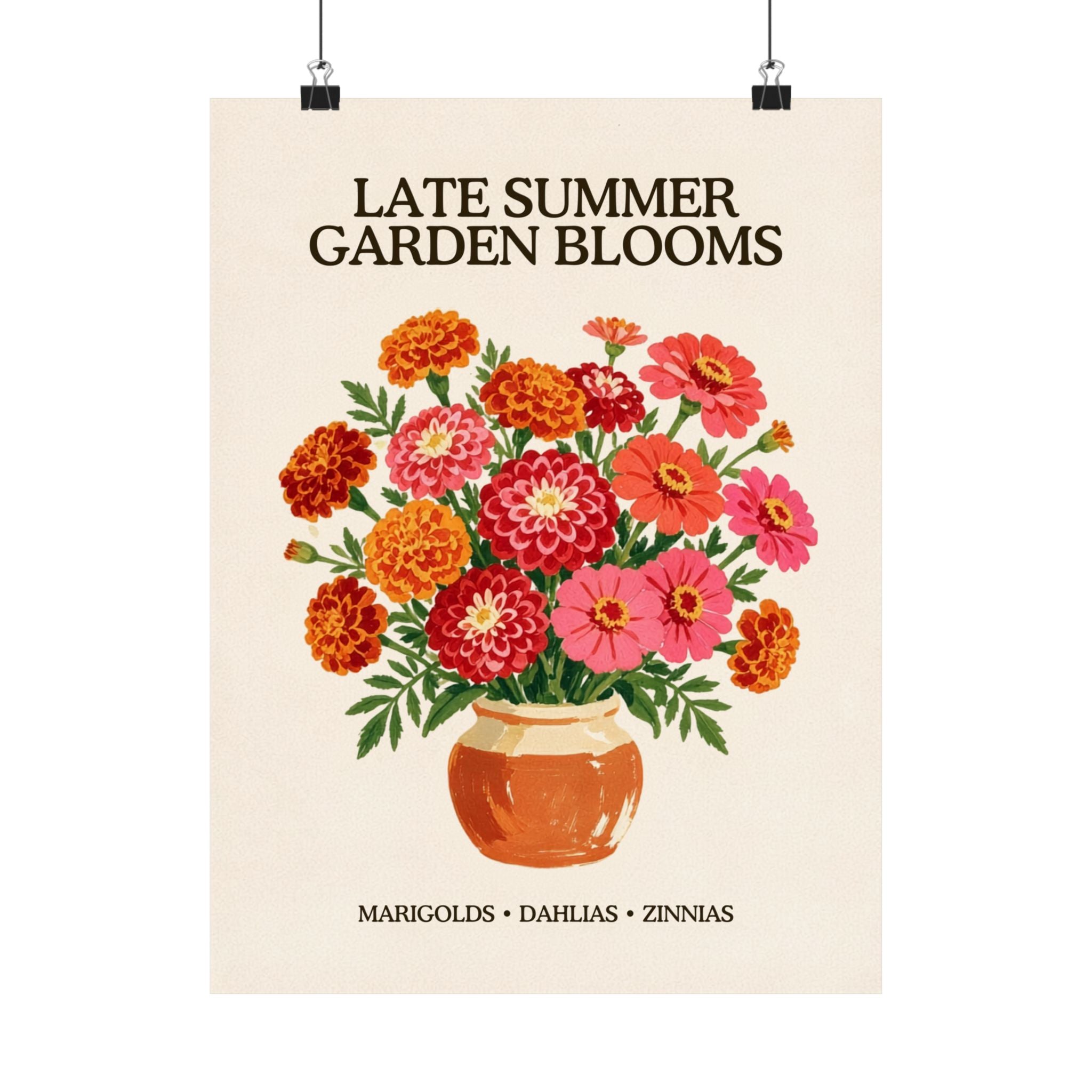 Late Summer Garden Blooms unframed art print, marigold and zinnia bouquet illustration, Gaudy Orange Bloom collection - view 1