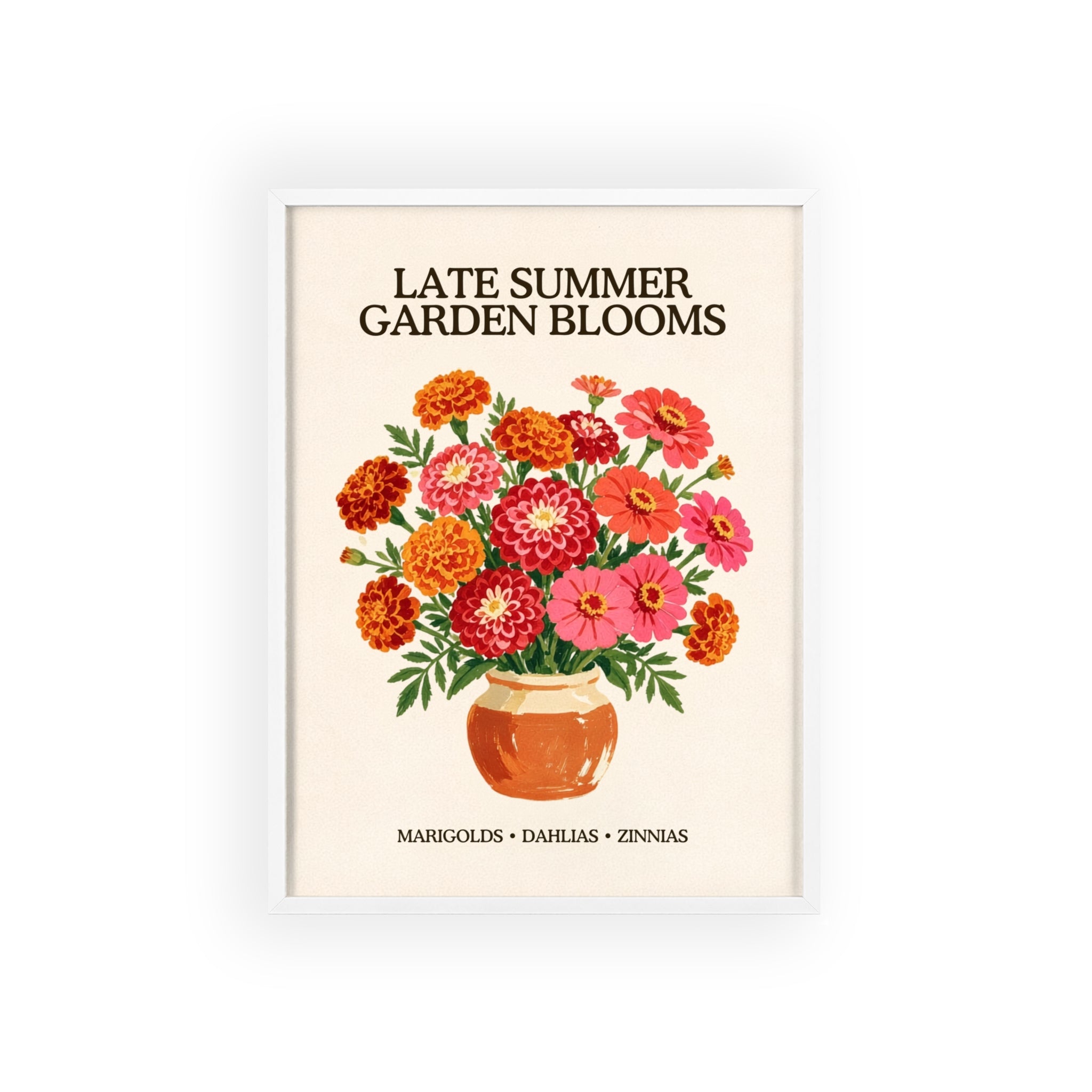 Late Summer Garden Blooms framed art print, black frame, marigold and zinnia bouquet illustration, Gaudy Orange Bloom collection - view 3