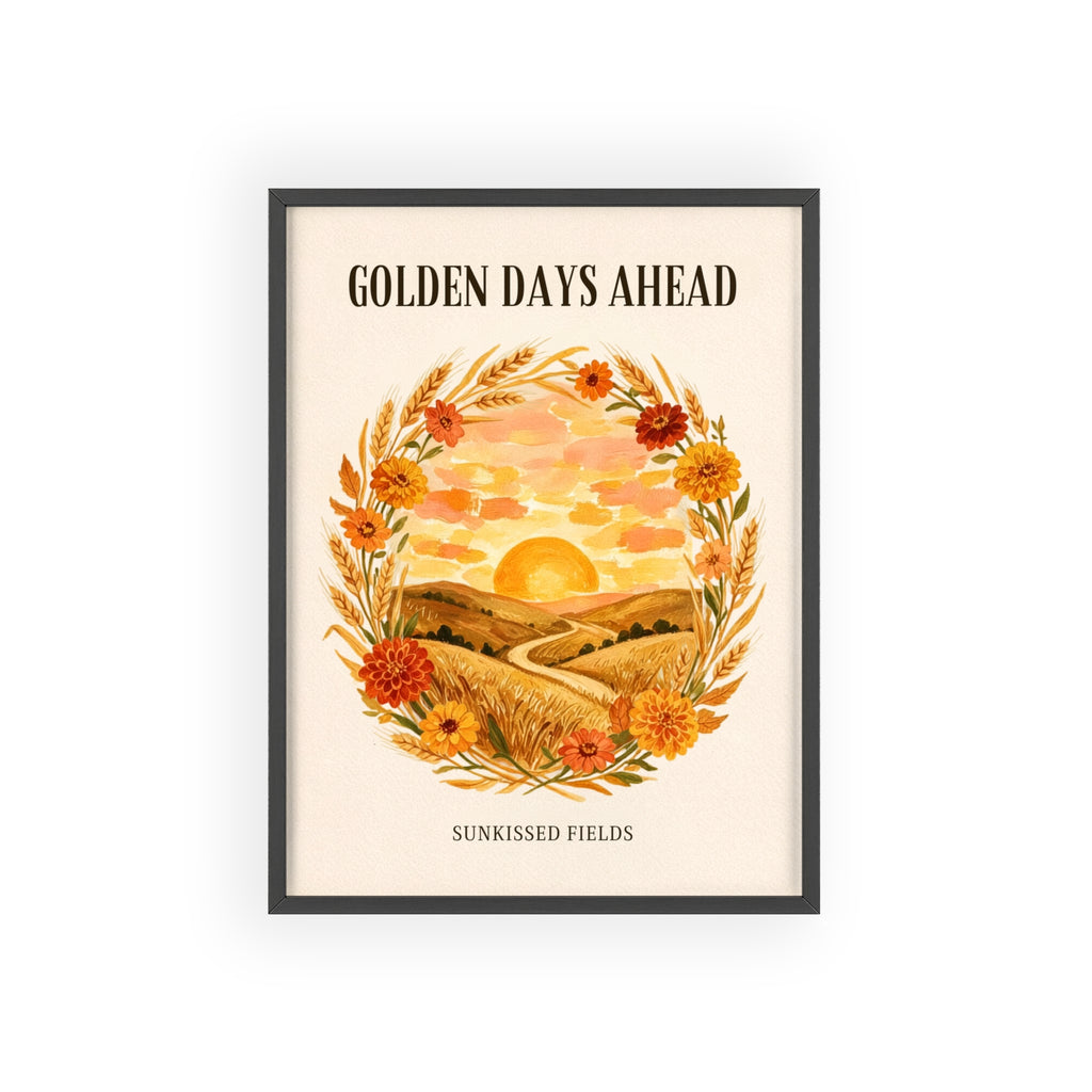 Sunkissed Fields framed art print, black frame, wheat and marigold wreath sunset illustration, Gaudy Orange Bloom collection - view 1