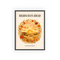 Sunkissed Fields framed art print, black frame, wheat and marigold wreath sunset illustration, Gaudy Orange Bloom collection - view 1