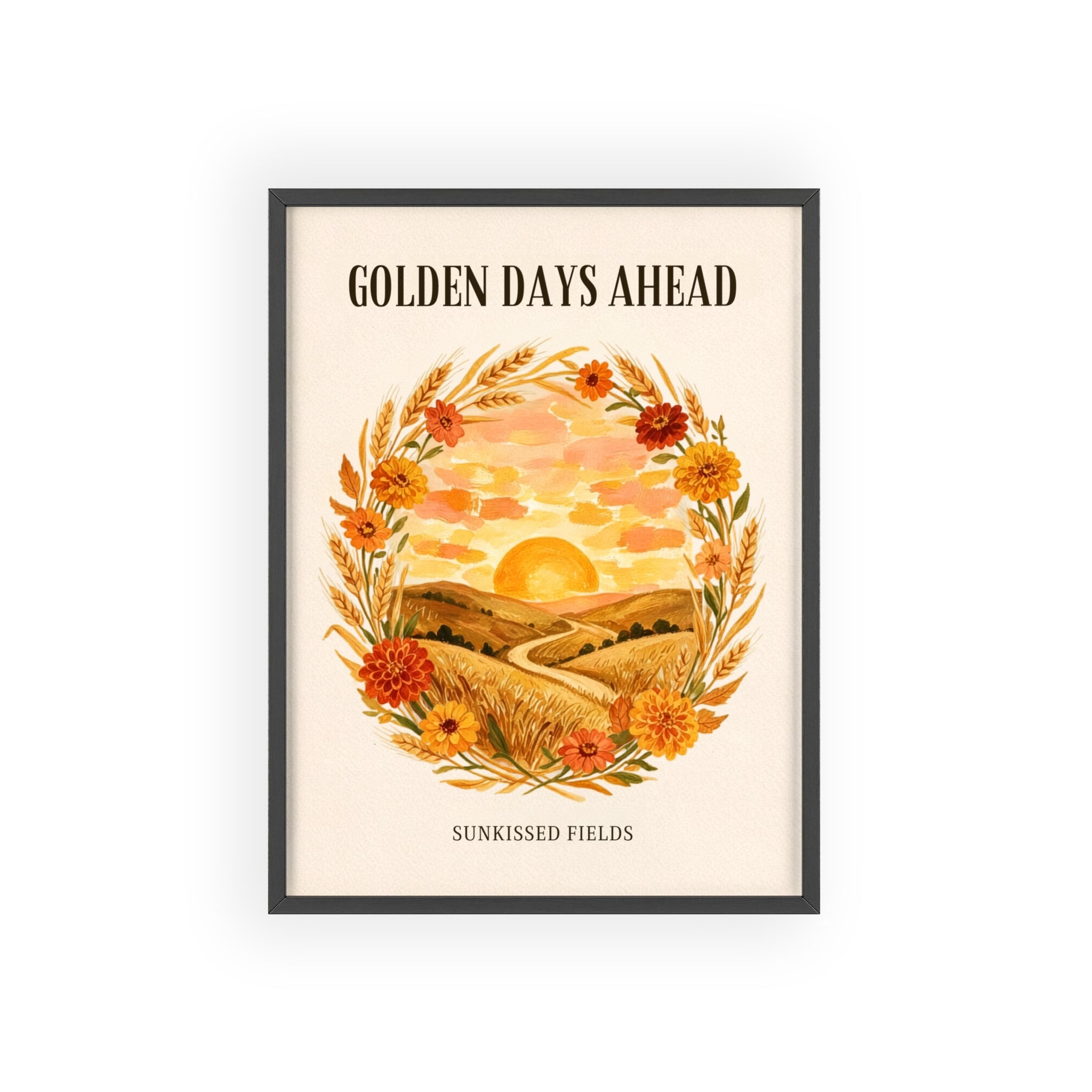 Sunkissed Fields framed art print, black frame, wheat and marigold wreath sunset illustration, Gaudy Orange Bloom collection - view 1