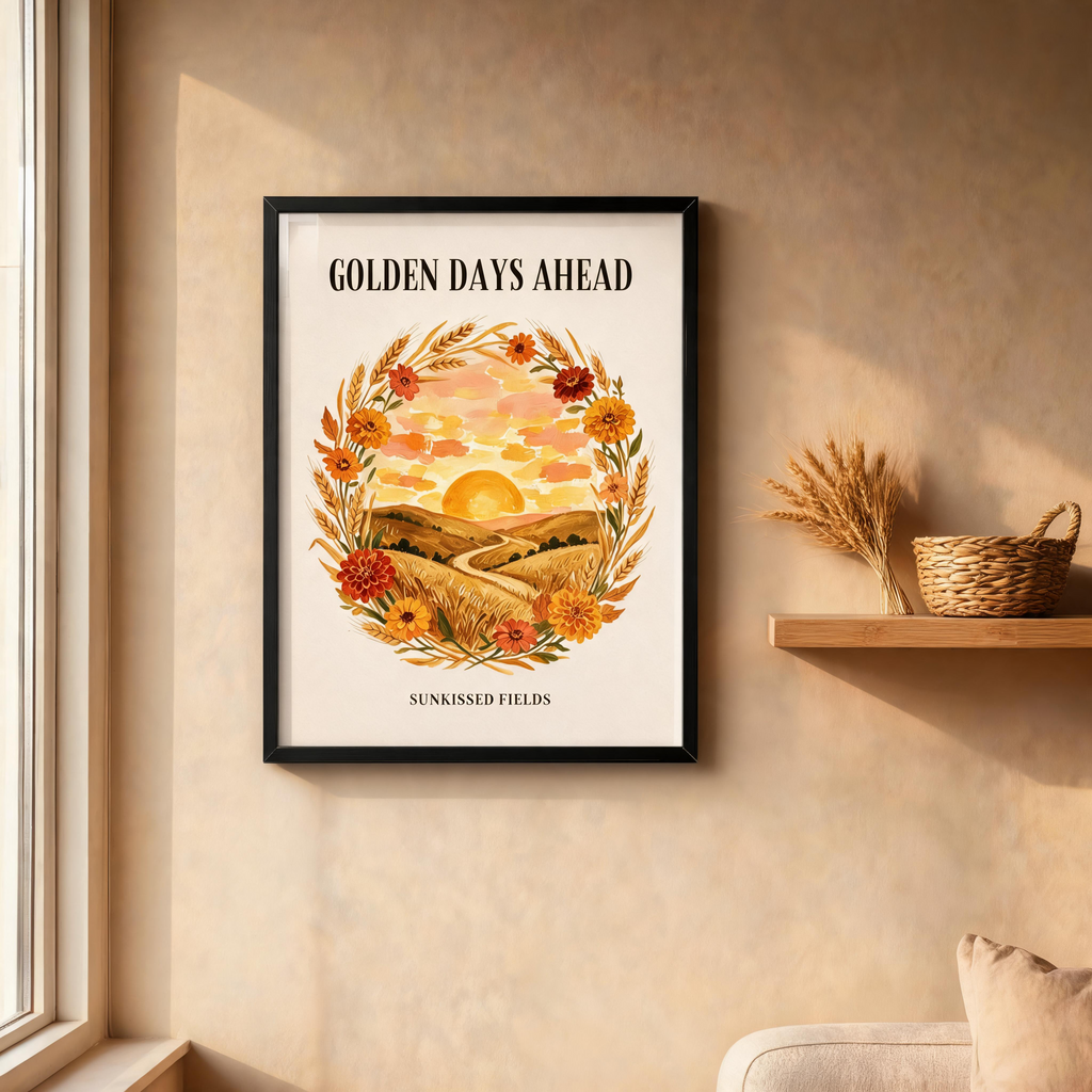 Sunkissed Fields framed art print, black frame, wheat and marigold wreath sunset illustration, Gaudy Orange Bloom collection - view 5