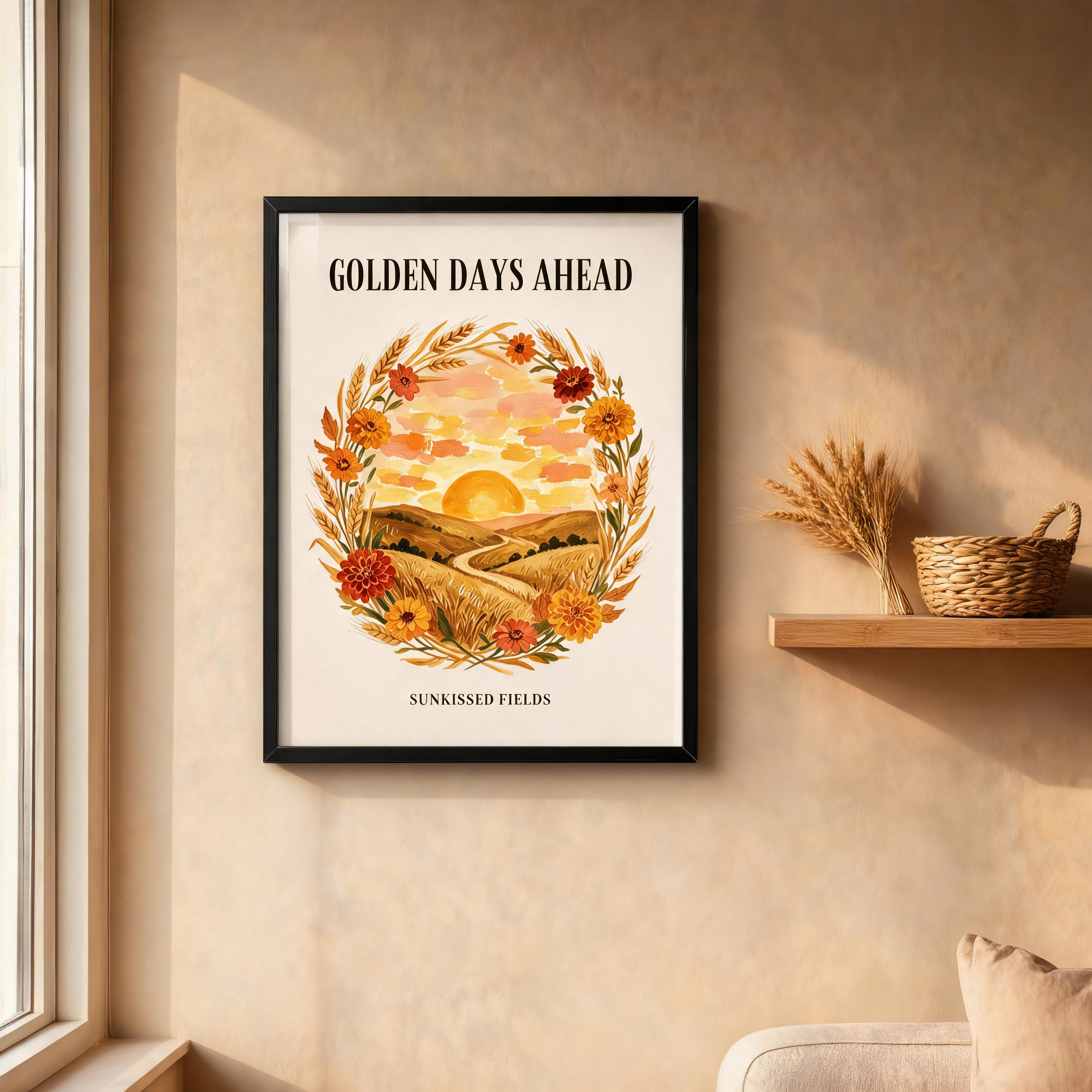 Sunkissed Fields framed art print, black frame, wheat and marigold wreath sunset illustration, Gaudy Orange Bloom collection - view 5