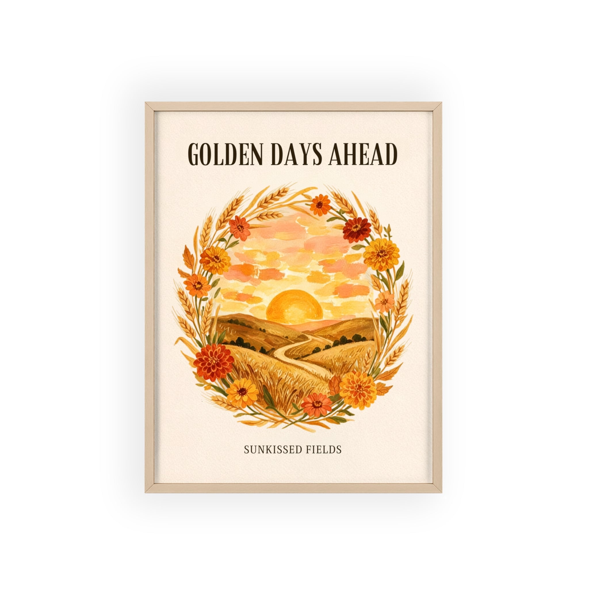 Sunkissed Fields framed art print, black frame, wheat and marigold wreath sunset illustration, Gaudy Orange Bloom collection - view 2