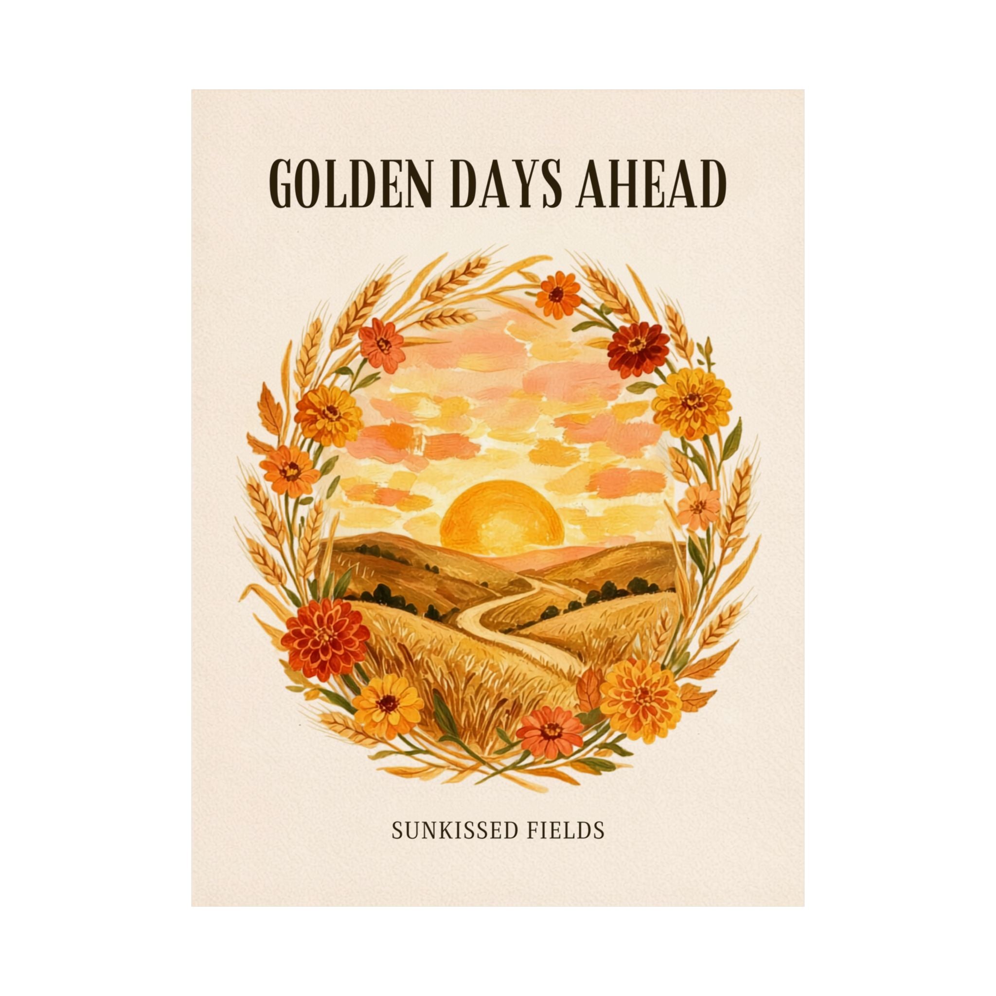 Sunkissed Fields unframed art print, wheat and marigold wreath sunset illustration, Gaudy Orange Bloom collection - view 2