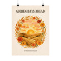 Sunkissed Fields unframed art print, wheat and marigold wreath sunset illustration, Gaudy Orange Bloom collection - view 1