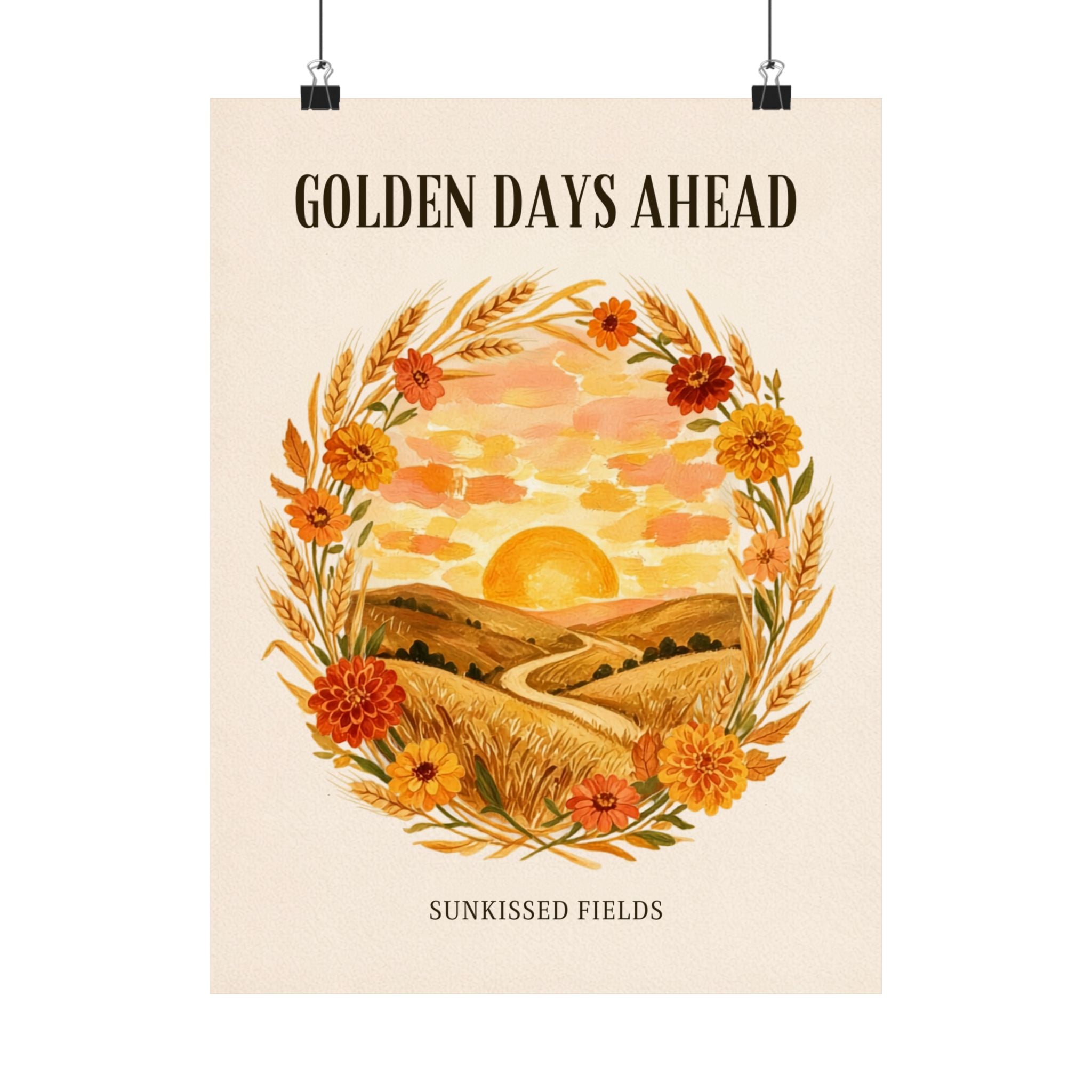 Sunkissed Fields unframed art print, wheat and marigold wreath sunset illustration, Gaudy Orange Bloom collection - view 1
