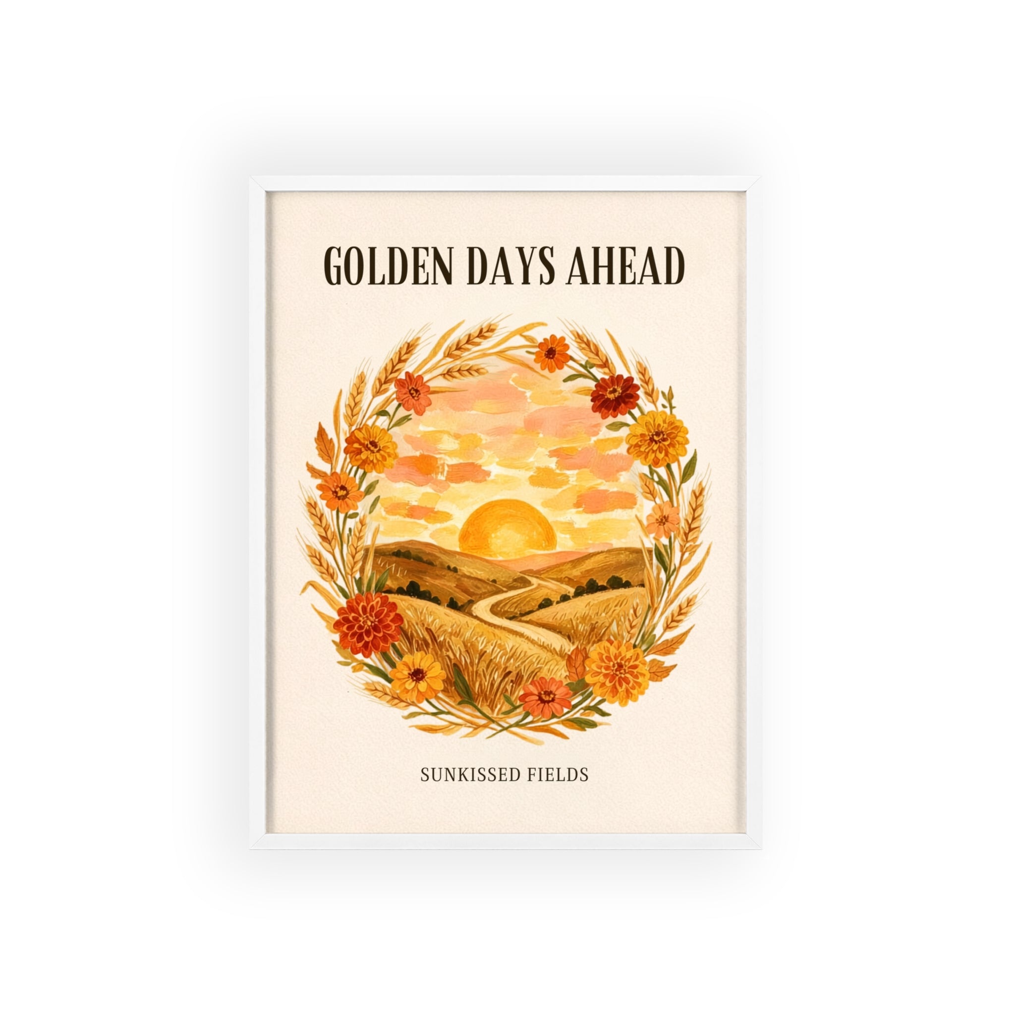 Sunkissed Fields framed art print, black frame, wheat and marigold wreath sunset illustration, Gaudy Orange Bloom collection - view 3